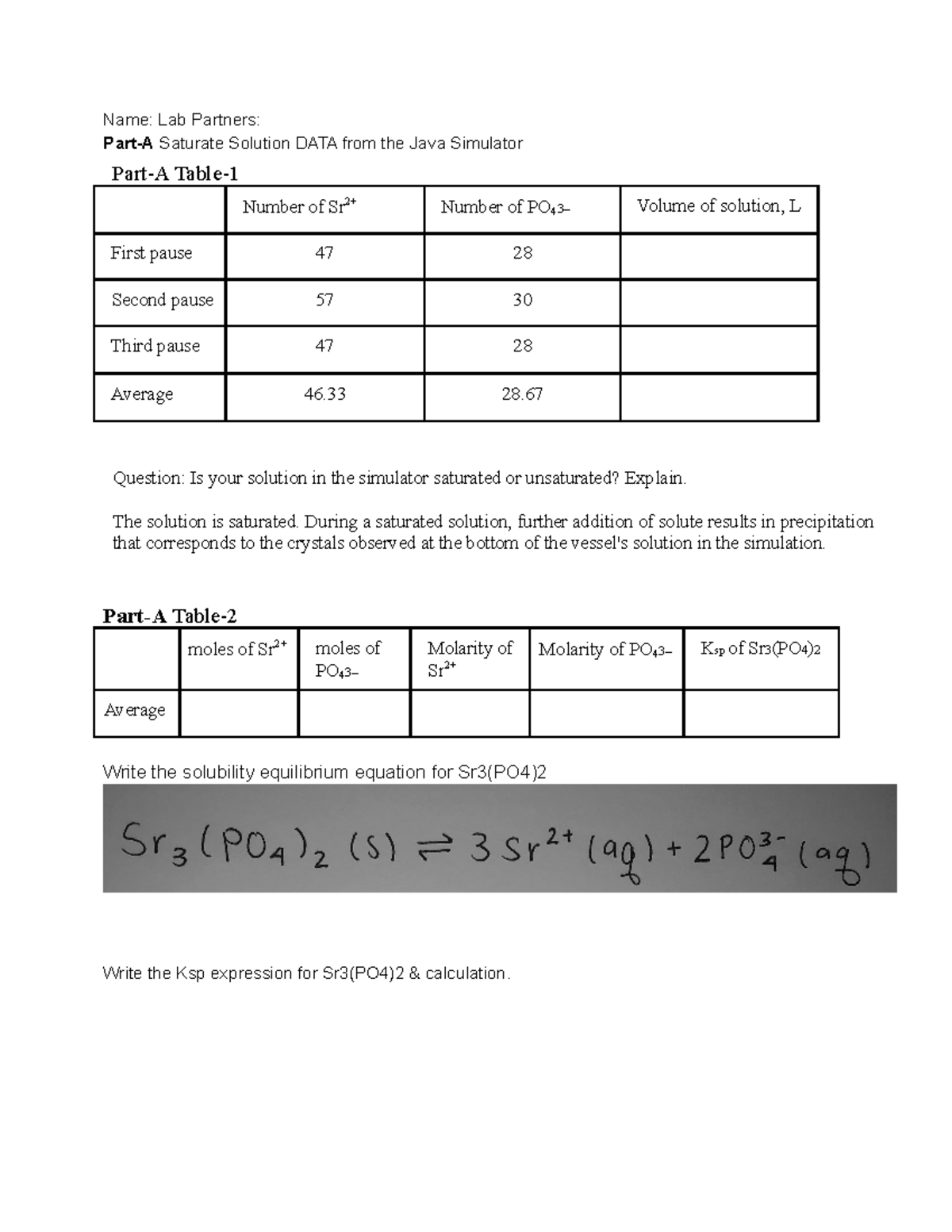 Ksp of Copper (II) Tartrate Name Lab Partners PartA Saturate