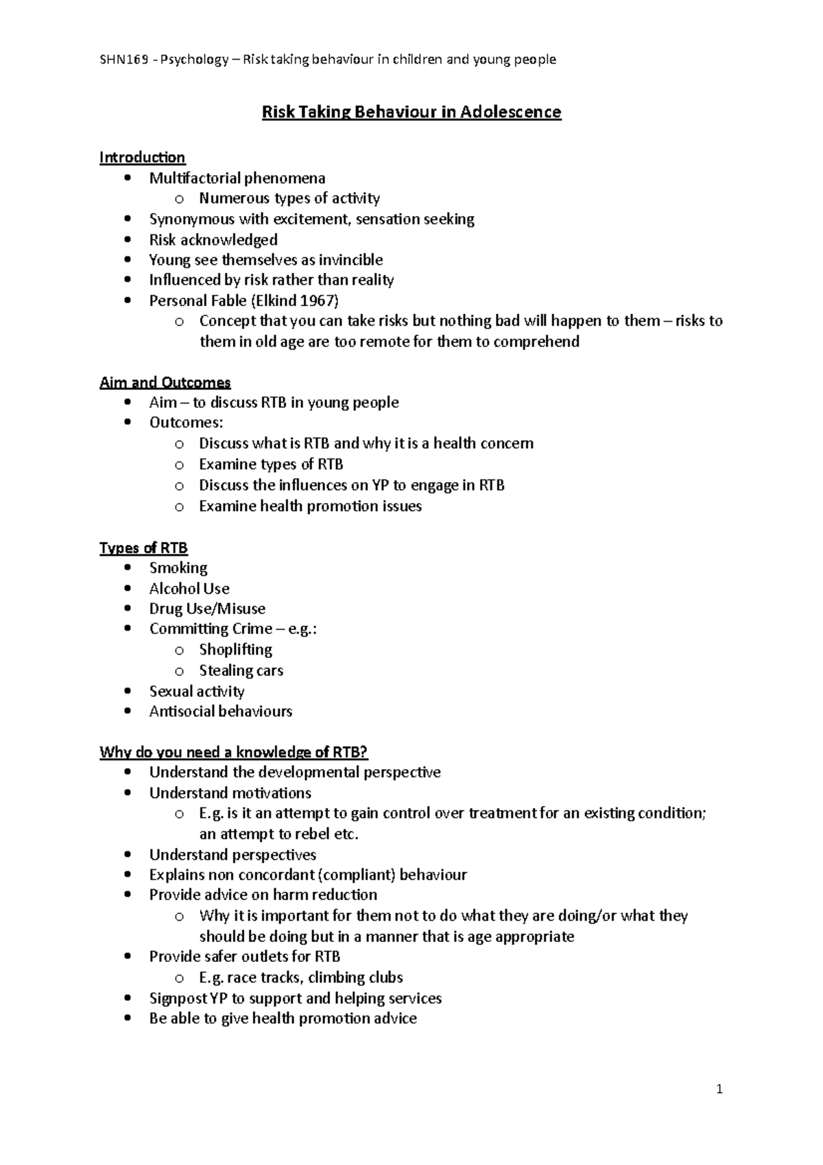 Psychology – RTB in children and young people - Risk Taking Behaviour ...