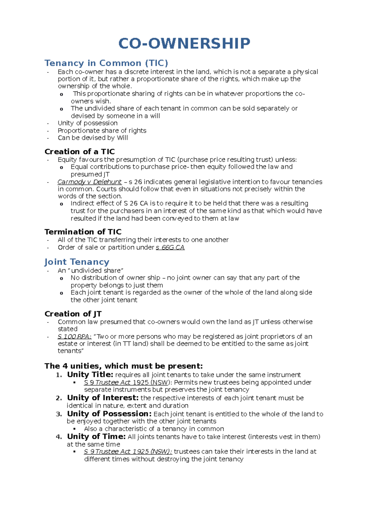 Property and Trusts B Exam Notes - Tenancy in Common (TIC) Each has a ...