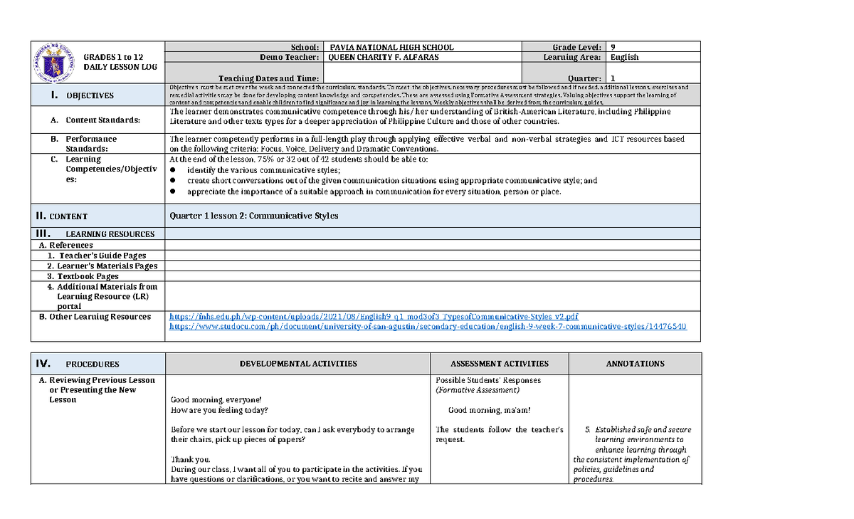 CO DLP Communicative Styles - GRADES 1 To 12 DAILY LESSON LOG School ...