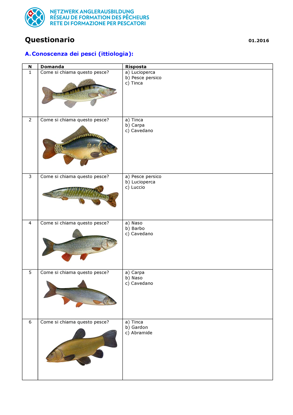 Sa Na Domande ITA - Ggg - Questionario 01. A. Conoscenza dei pesci  (ittiologia): N Domanda Risposta - Studocu