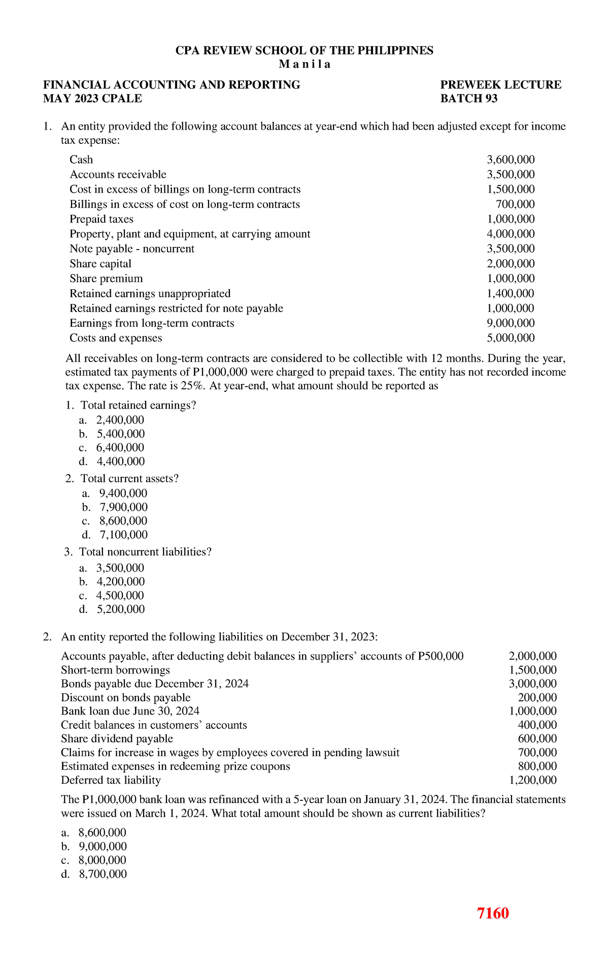 7160 - FAR Preweek Problem - CPA REVIEW SCHOOL OF THE PHILIPPINES M A N ...