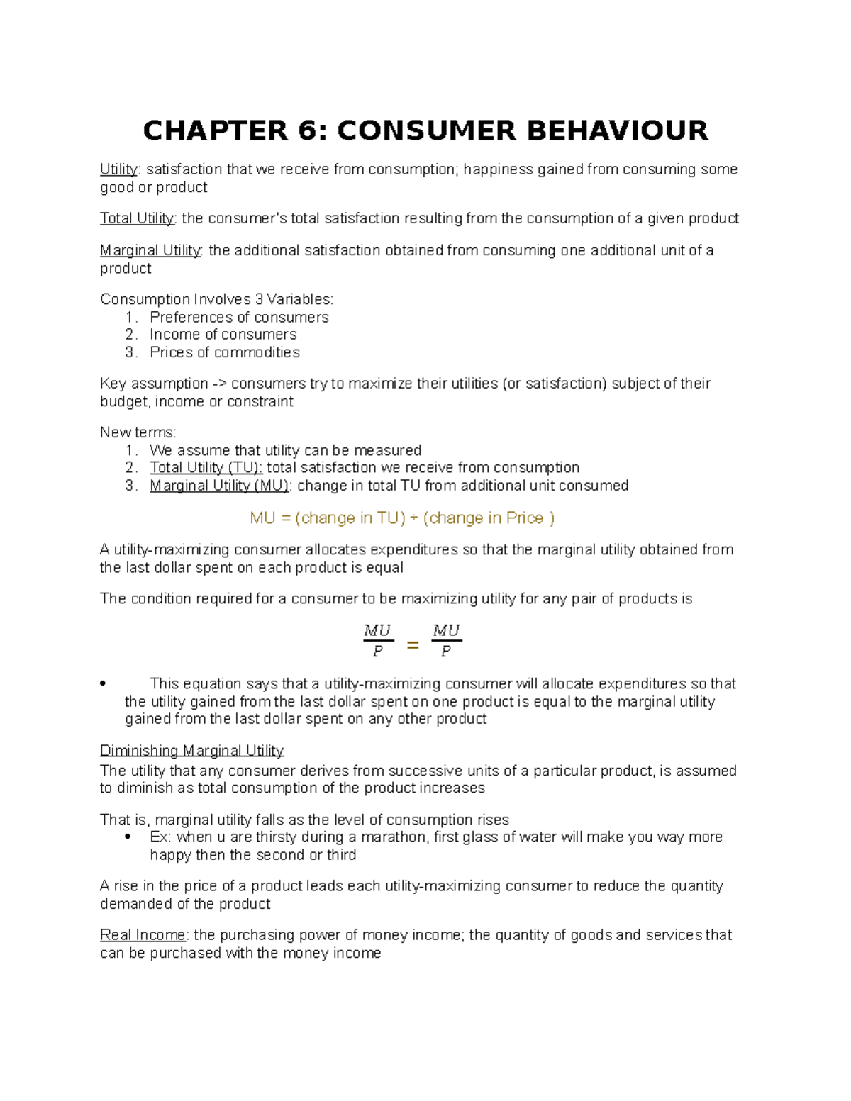 ECON 1100 Chapter 6 - CHAPTER 6: CONSUMER BEHAVIOUR Utility ...