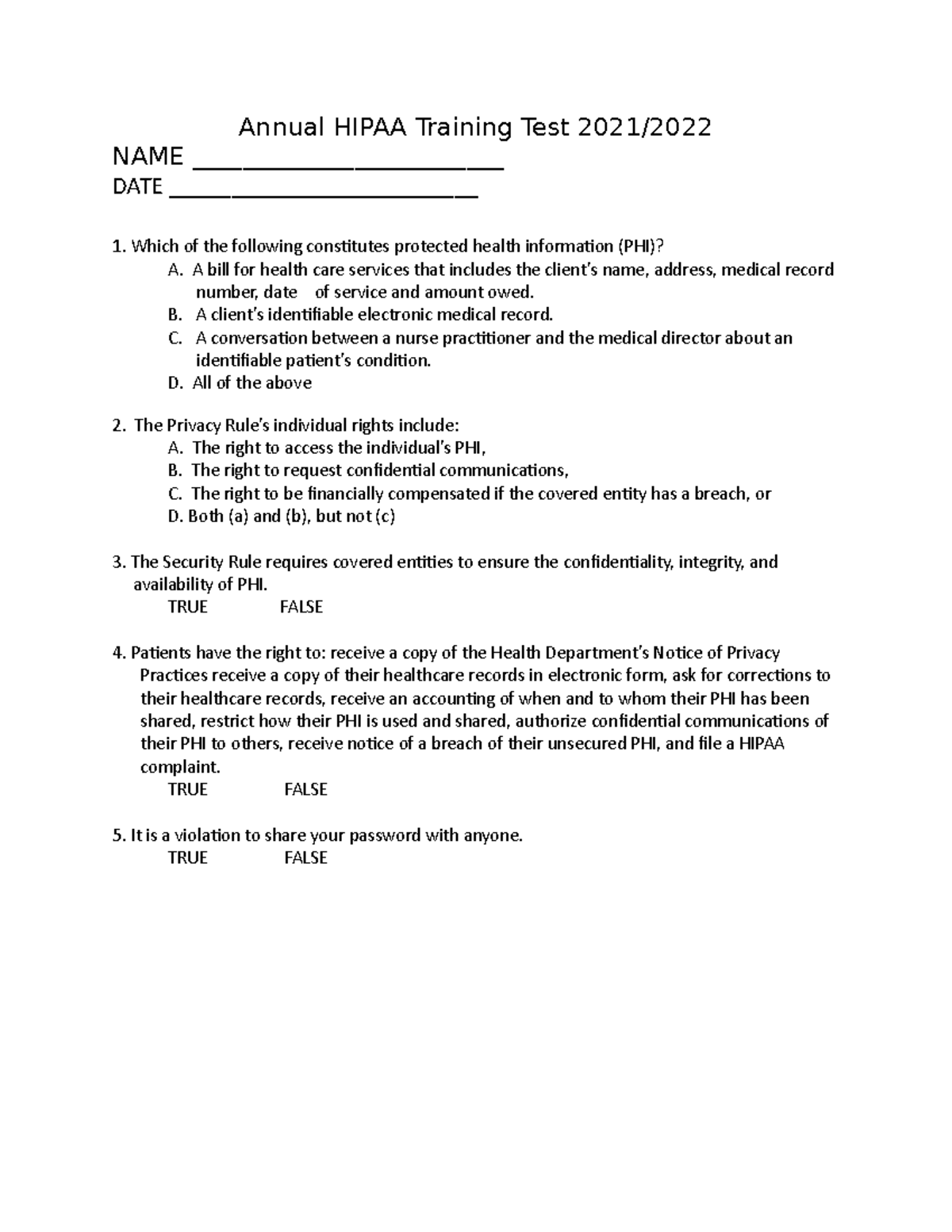 Annual Hipaa Training Test 2021 2022 Annual HIPAA Training Test 2021