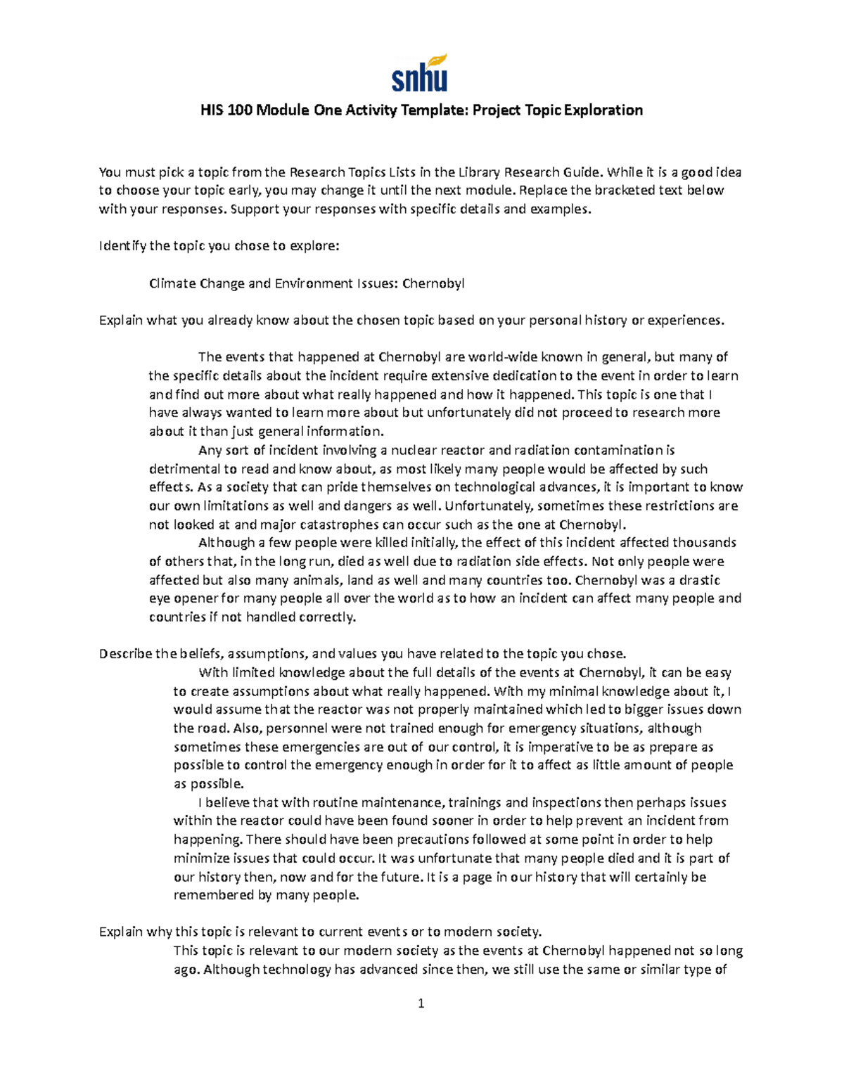 Week 1-2 Research Topic - HIS 100 Module One Activity Template: Project ...