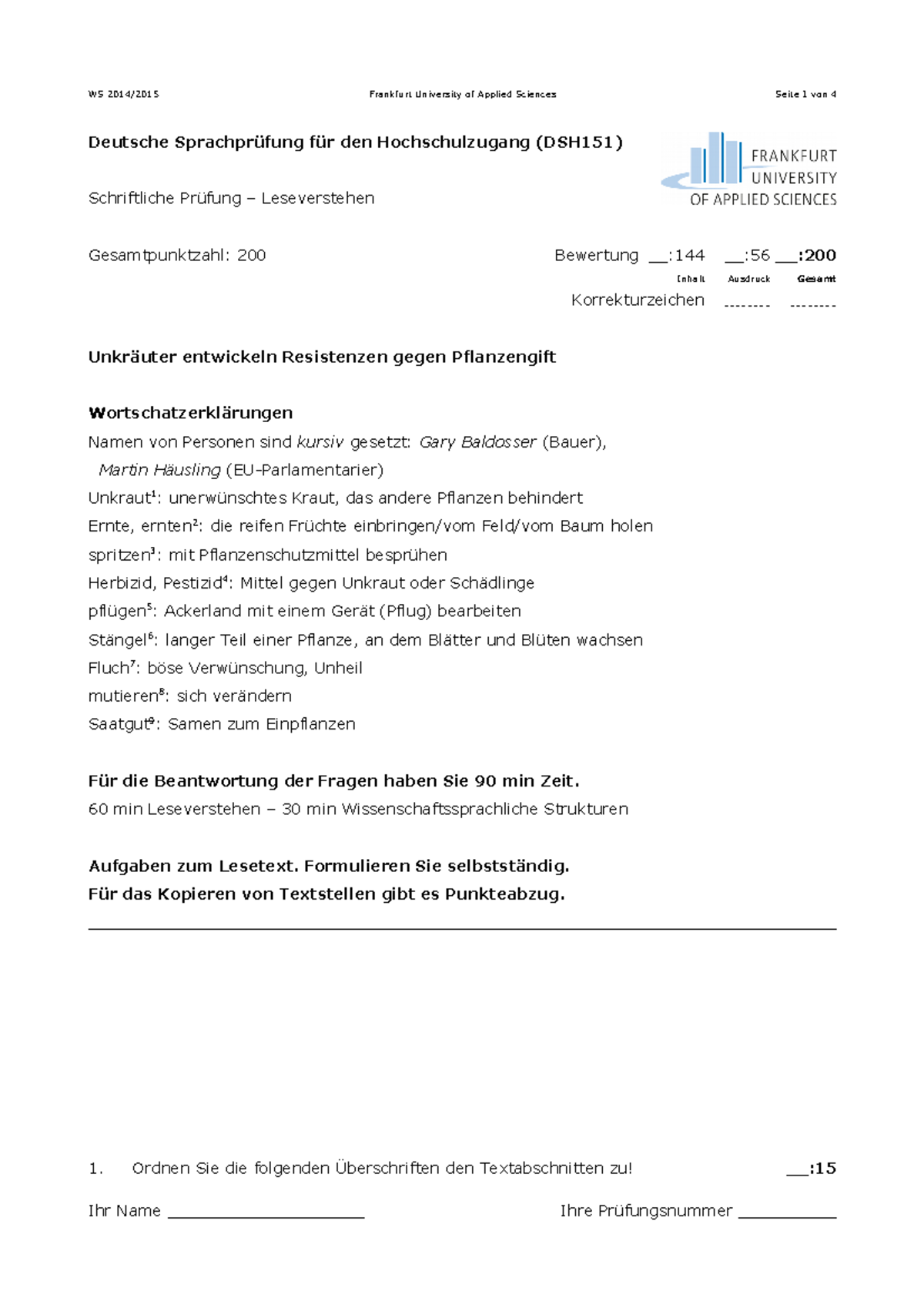LV Aufgaben 151 Leseverstehen Probe DSH Deutsche Sprachprüfung für den Hochschulzugang
