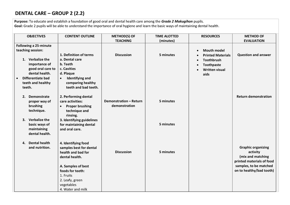 Dental-CARE- Teachingplan G2 - Purpose: To educate and establish a ...