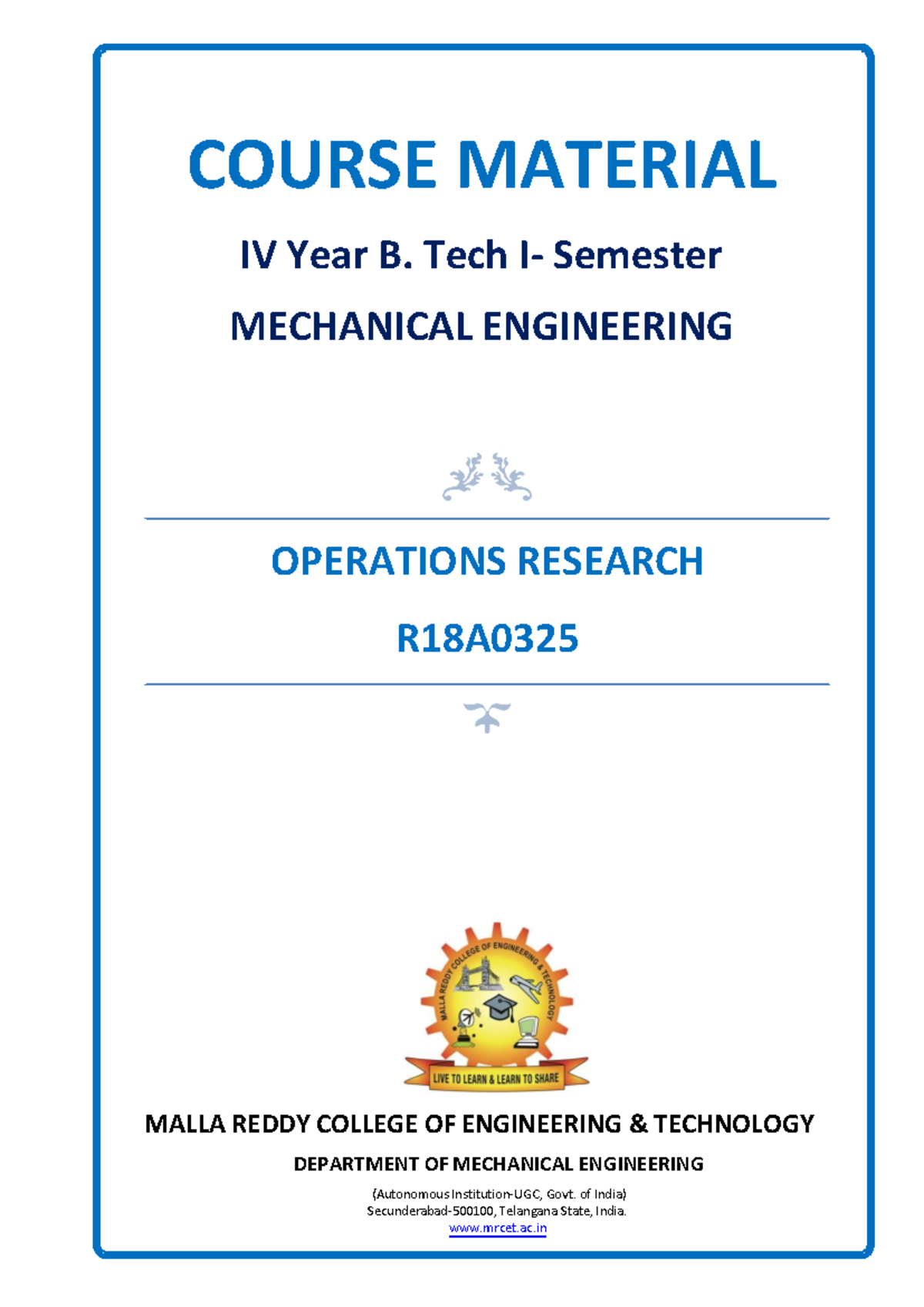 Operations Research - COURSE MATERIAL IV Year B. Tech I- Semester ...
