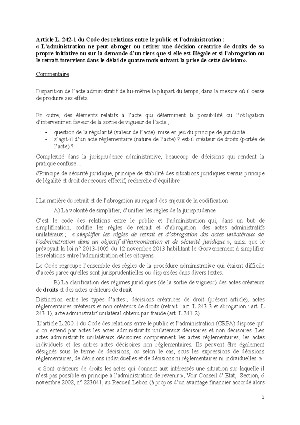 La Sortie De Vigueur Des Actes Administratifs Unilatéraux Corrigée Perreux + 55 "Commentaire arrêt Perreux" - Article L. 242-1 du  Code des relations entre le - Studocu