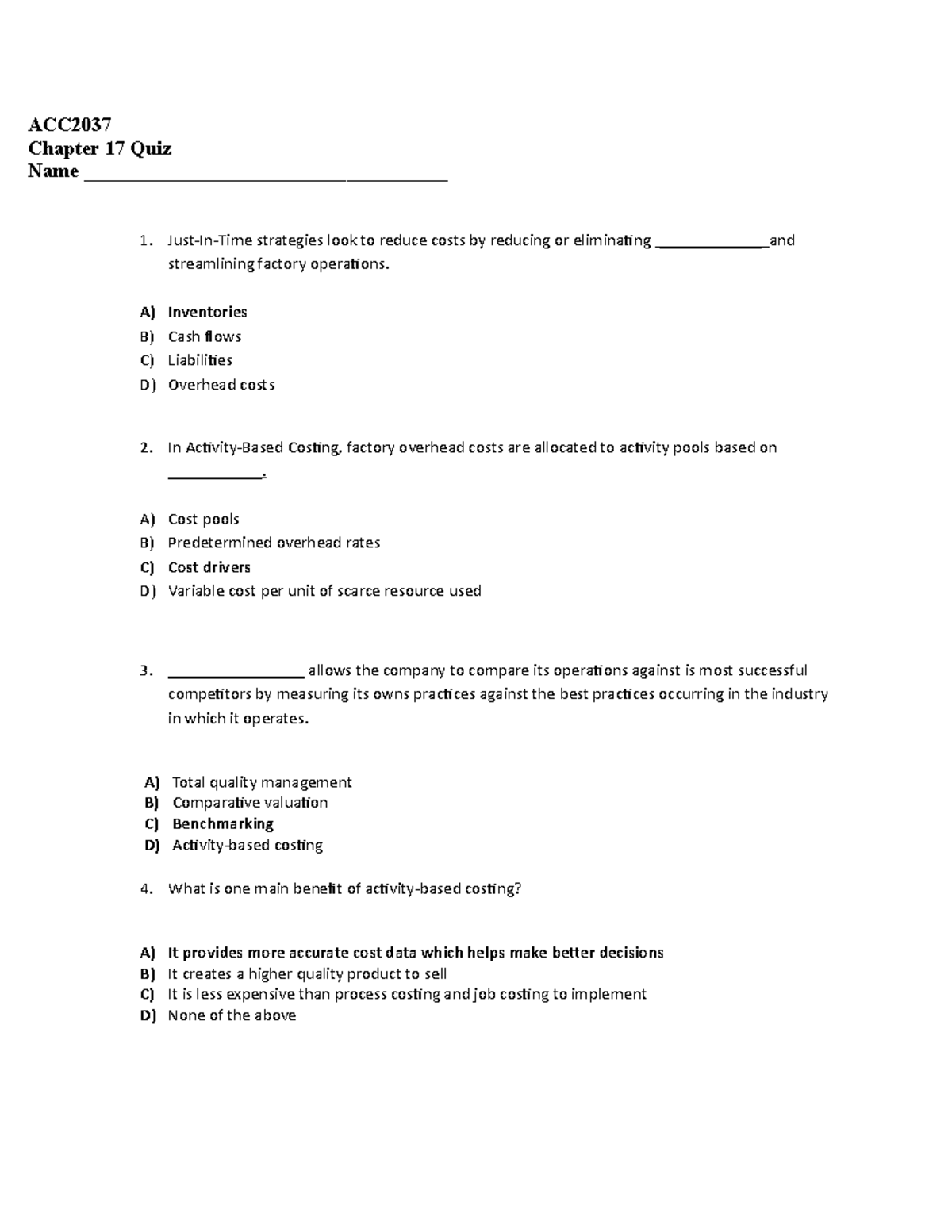 Lab 5 Quiz Solutions - ACC2037 Chapter 17 Quiz Name 1. strategies look ...