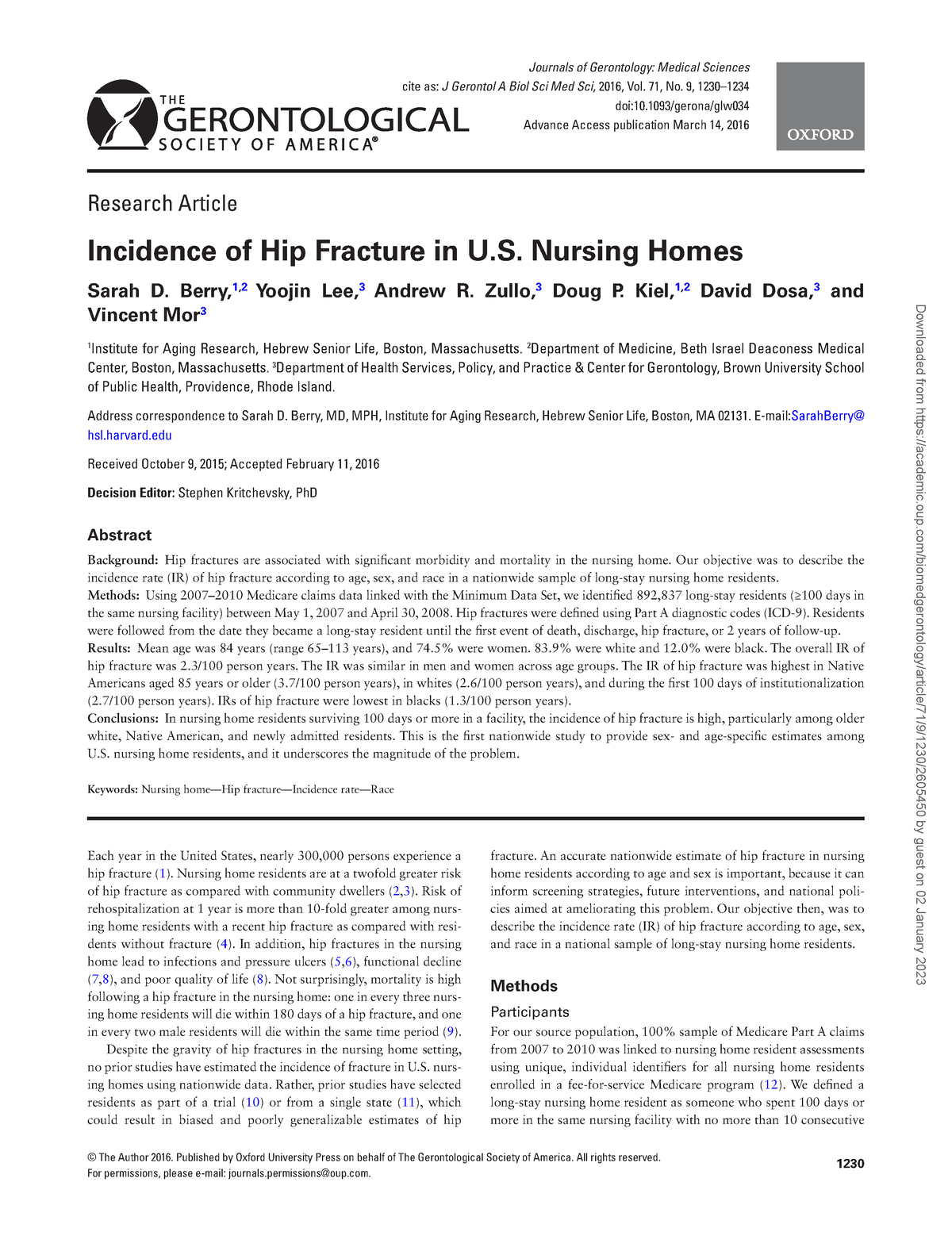 Incidence of Hip Fracture in U S Nursing - © The Author 2016. Published ...