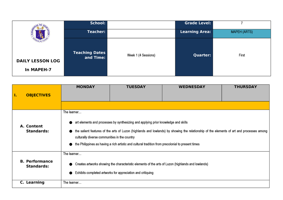 Q1 DLL ARTS7 WEEK1 - Arts Dll - DAILY LESSON LOG In MAPEH- School ...