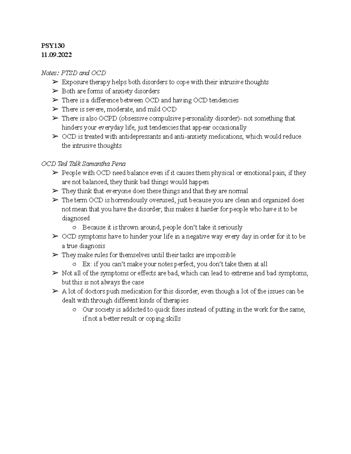11.09.2022 Notes - PSY 11. Notes: PTSD and OCD Exposure therapy helps ...