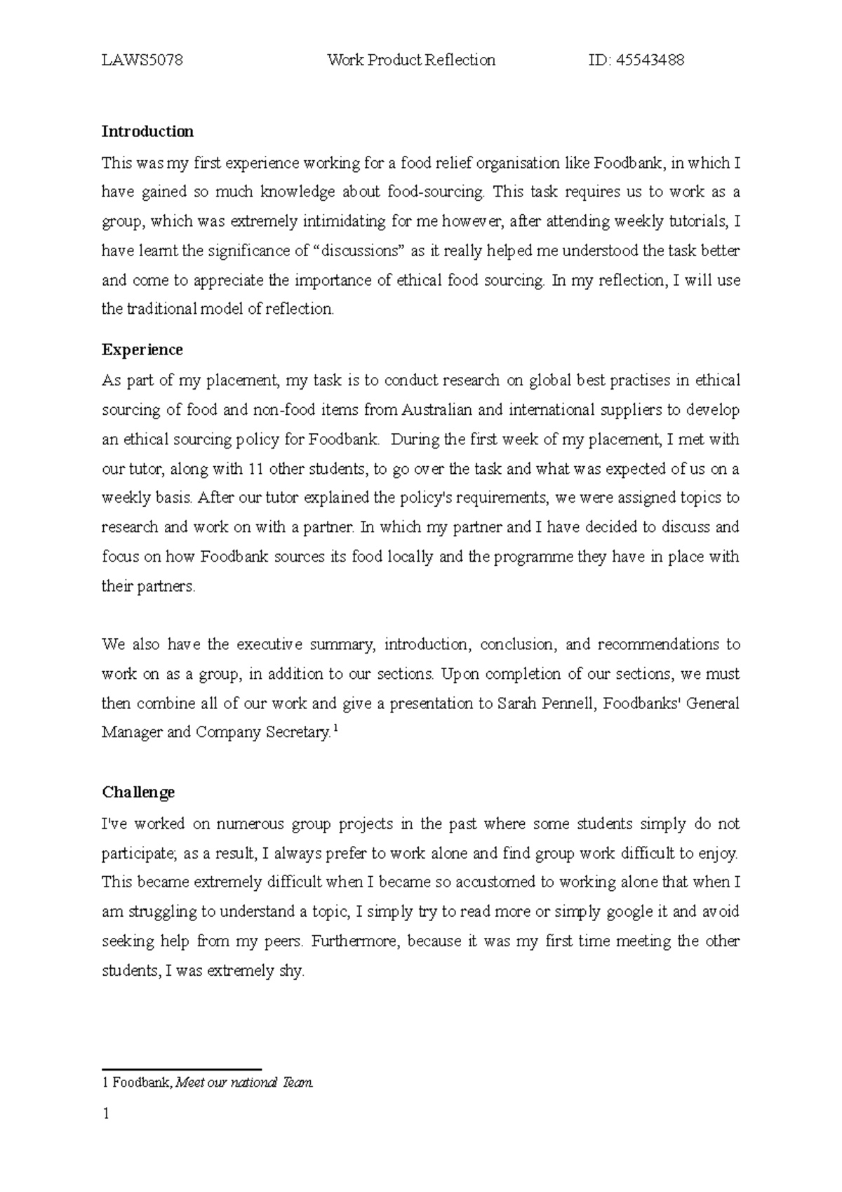 LAWS5078 - Work Product Reflection - This task requires us to work as a ...