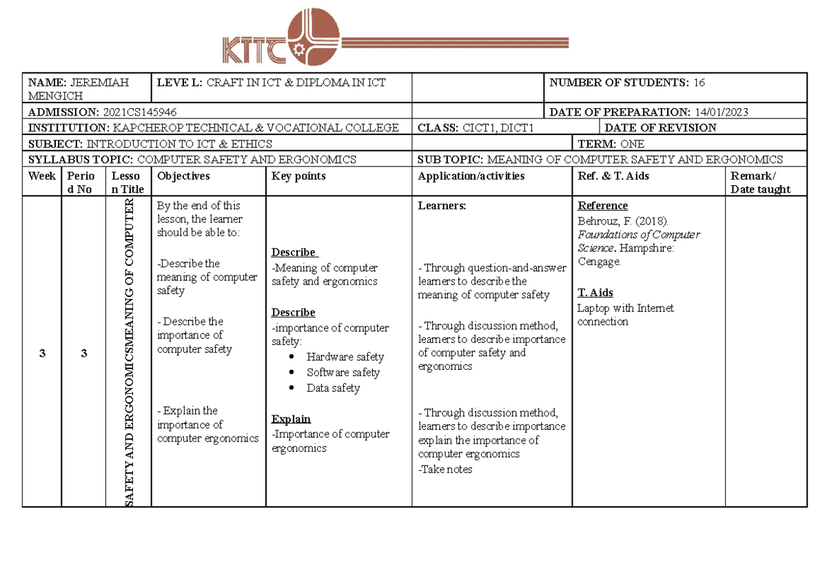 Computer Personnel lecture NAME JEREMIAH MENGICH LEVE L CRAFT IN