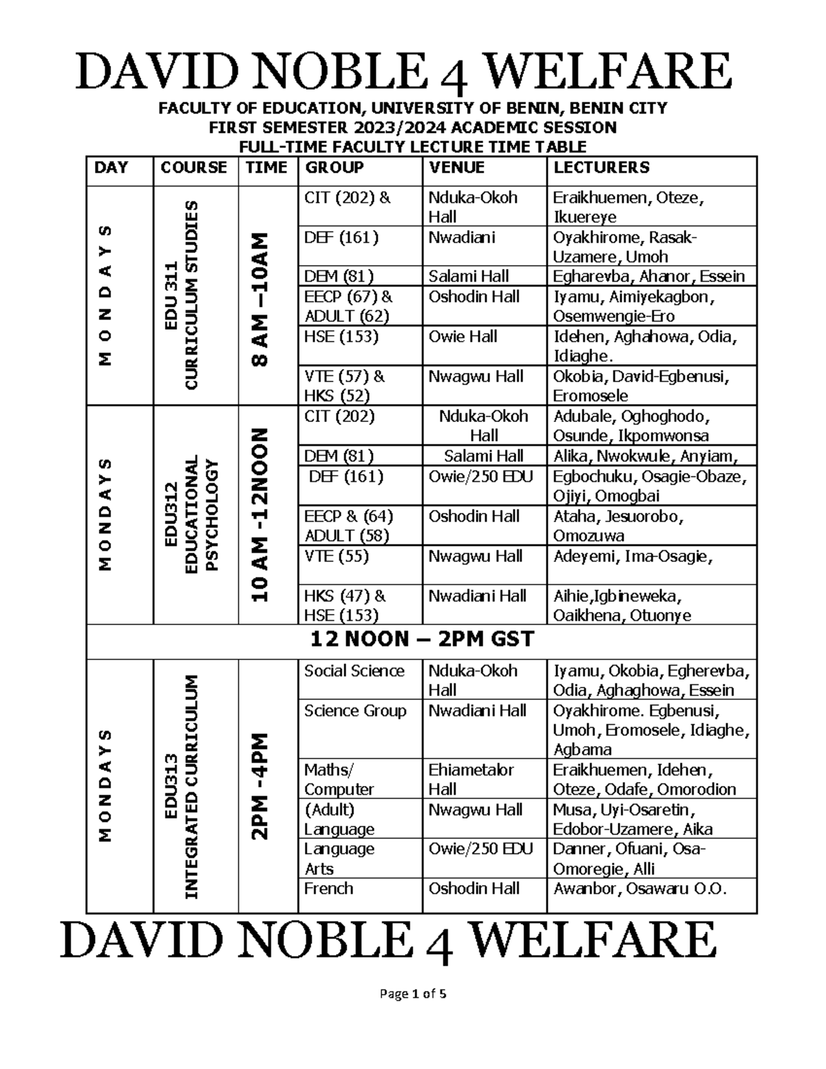 2024, Faculty OF Education Lecture time table - FACULTY OF EDUCATION ...