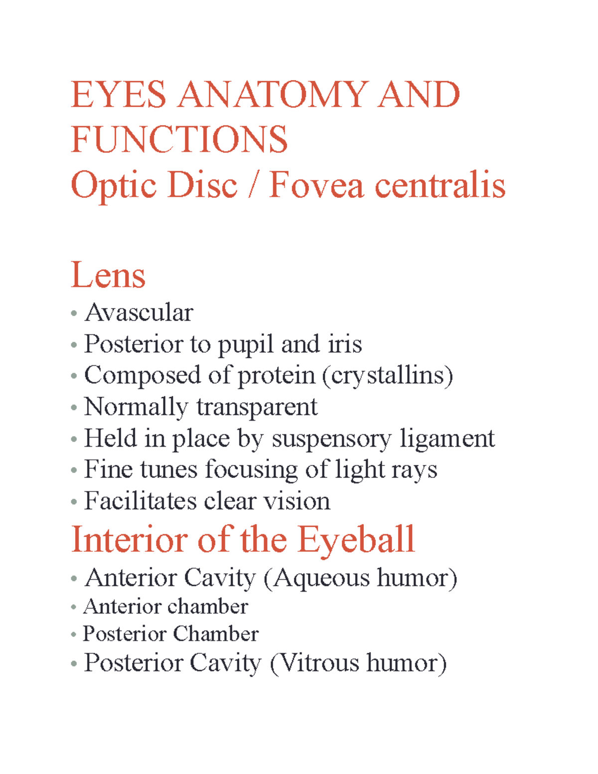 Eyes Lens 04 Eyes Lens 04 EYES ANATOMY AND FUNCTIONS Optic Disc / Fovea centralis Lens