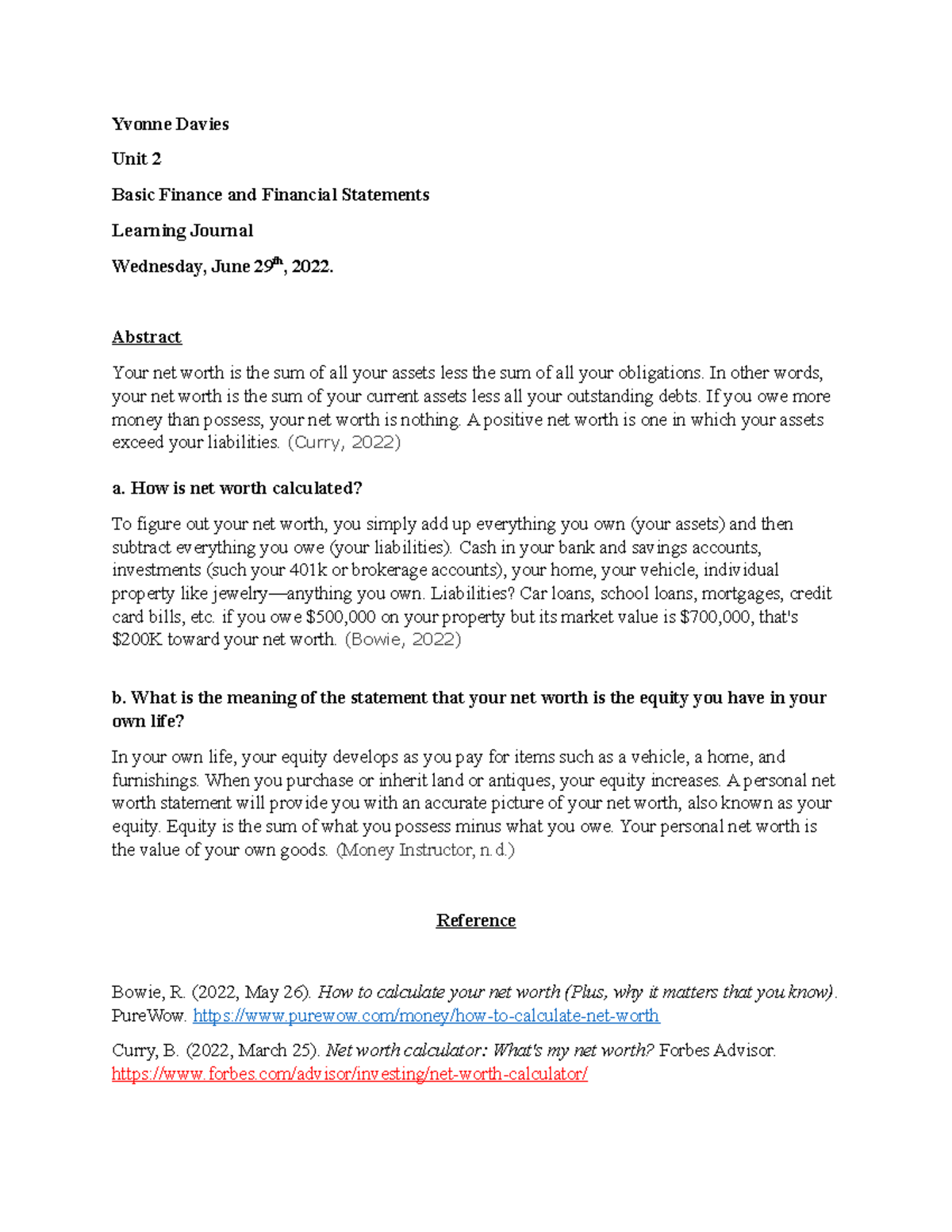 My Personal Finance Unit 2 Learning Journal - Yvonne Davies Unit 2 ...