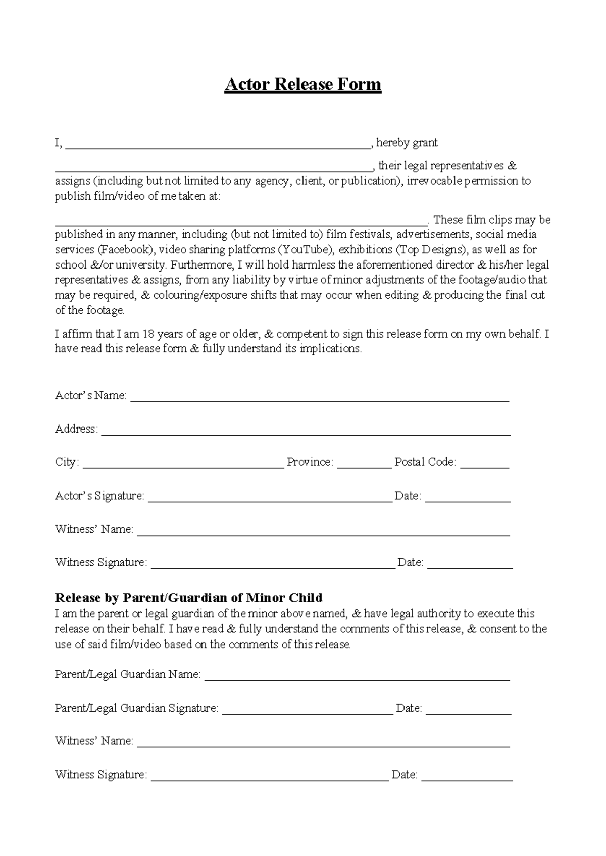 Actor Release Form - These film clips may be published in any manner ...