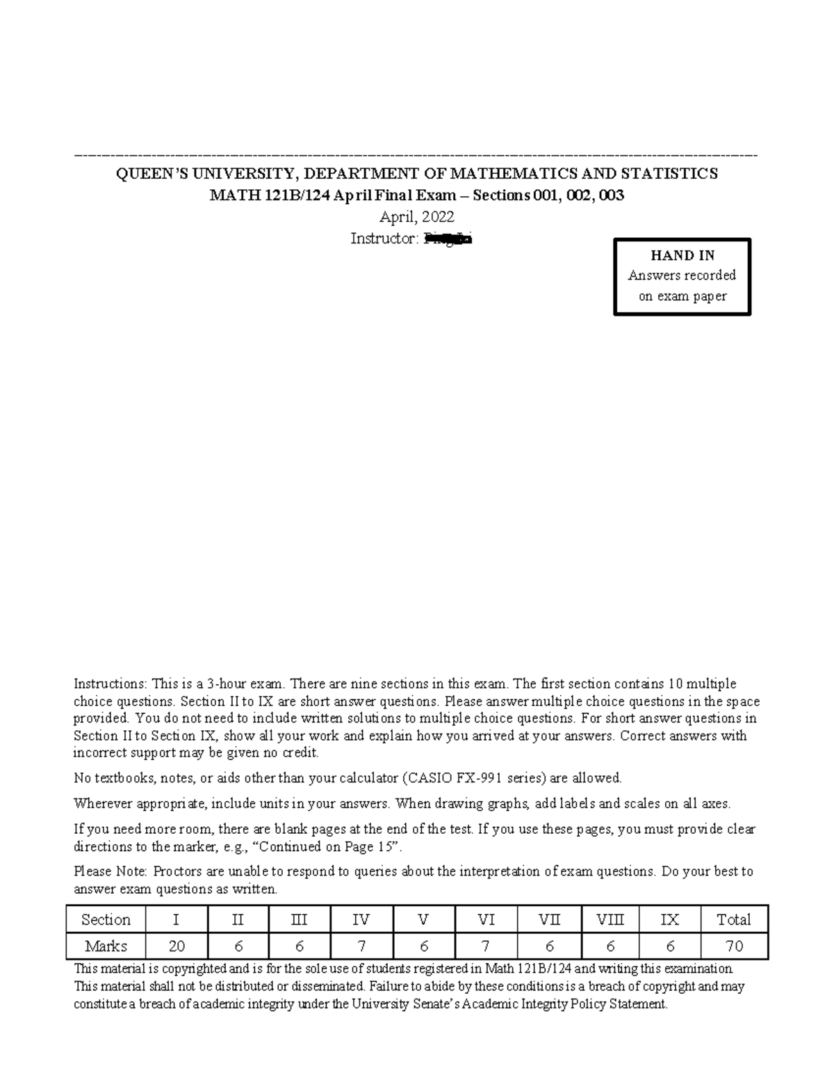 MATH 121 exam review - QUEEN’S UNIVERSITY, DEPARTMENT OF MATHEMATICS ...