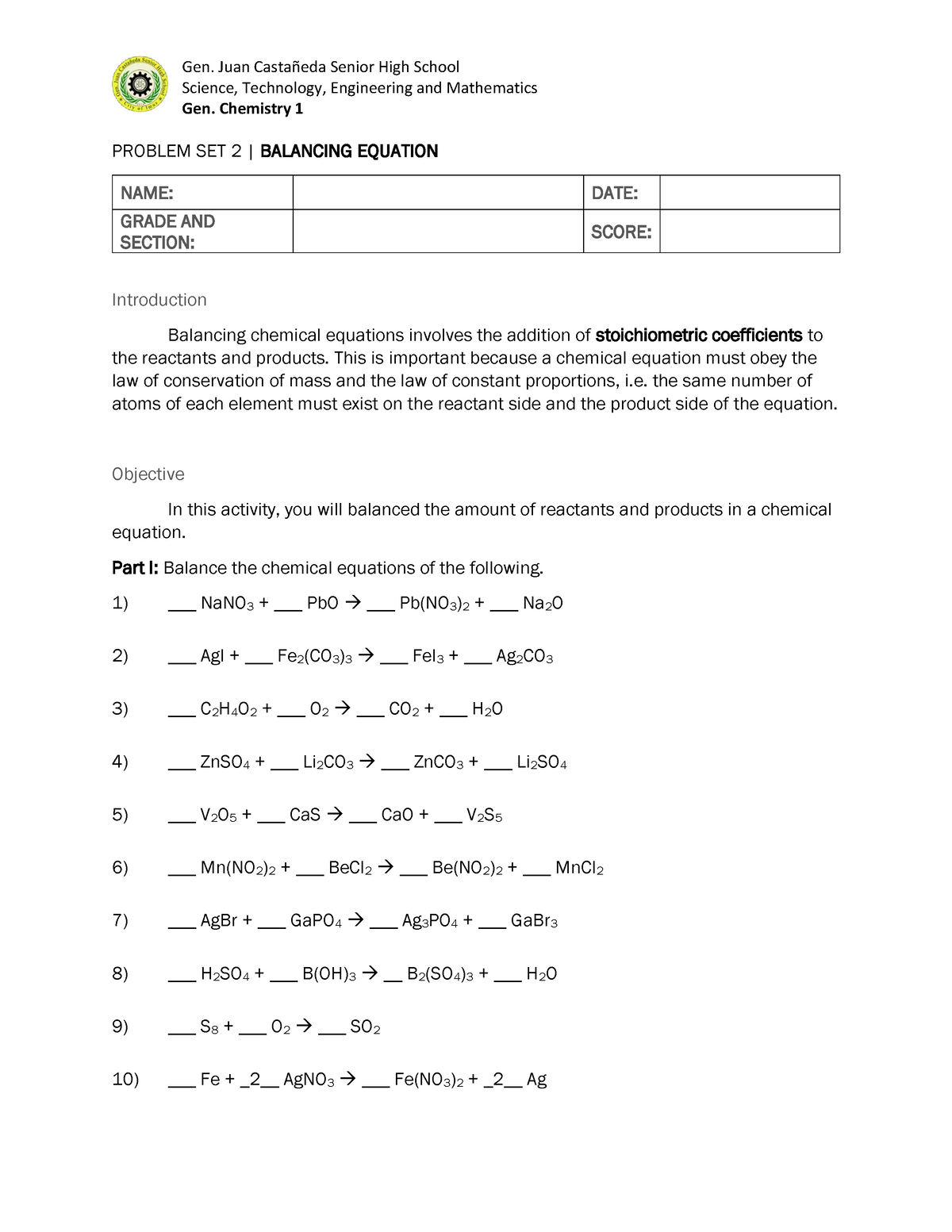 Problem-SET-2- Balancing- Equation 2 - Gen. Juan Castañeda Senior High ...