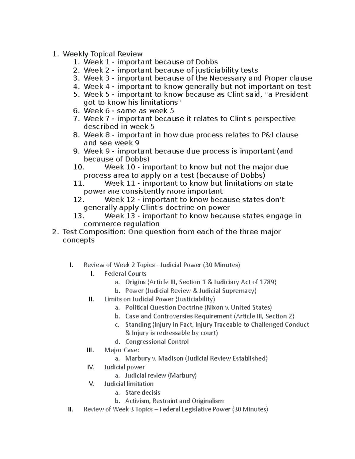 Conlaw 1 class outline - Weekly Topical Review Week 1 - important ...