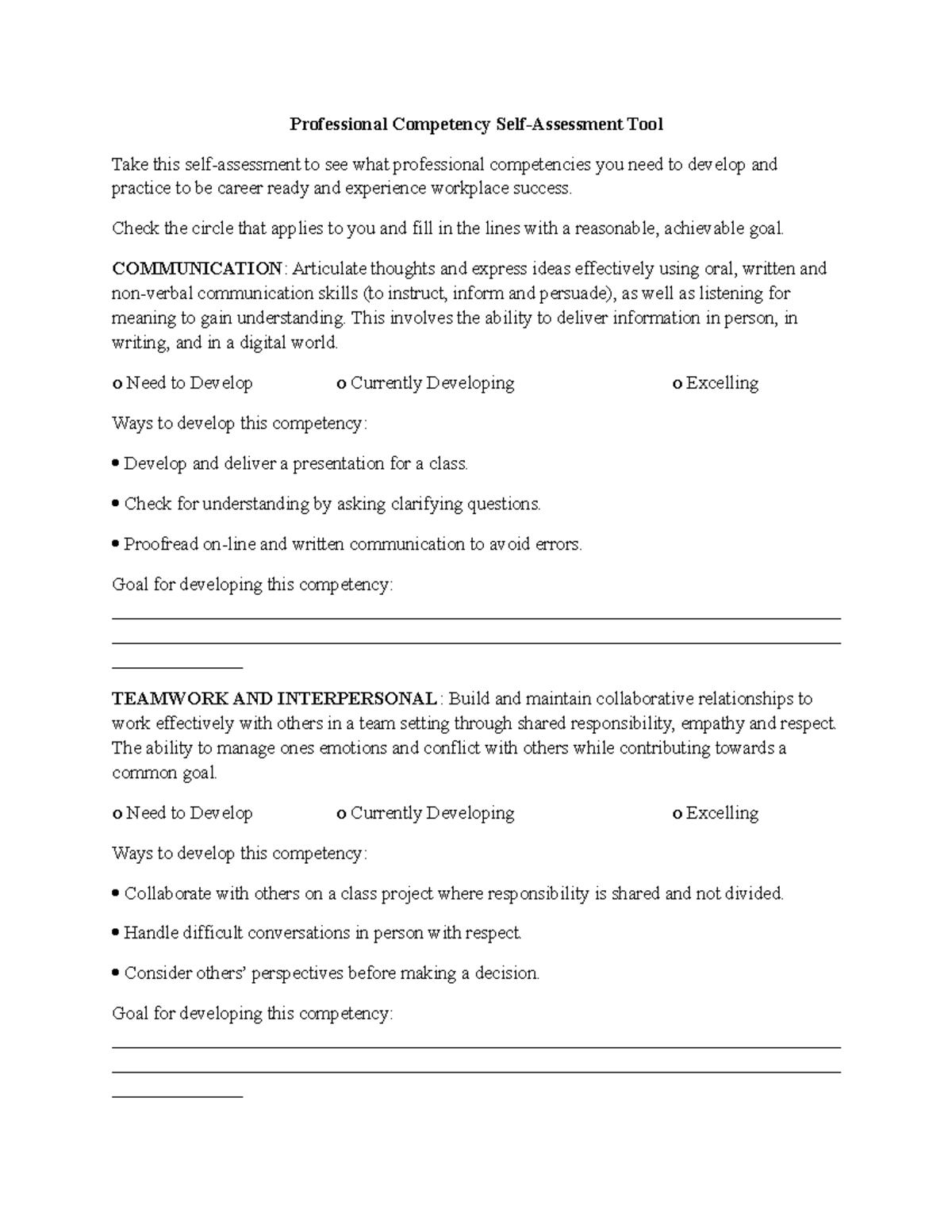 Professional Competency SelfAssessment Tool Check the circle that applies to you and fill in