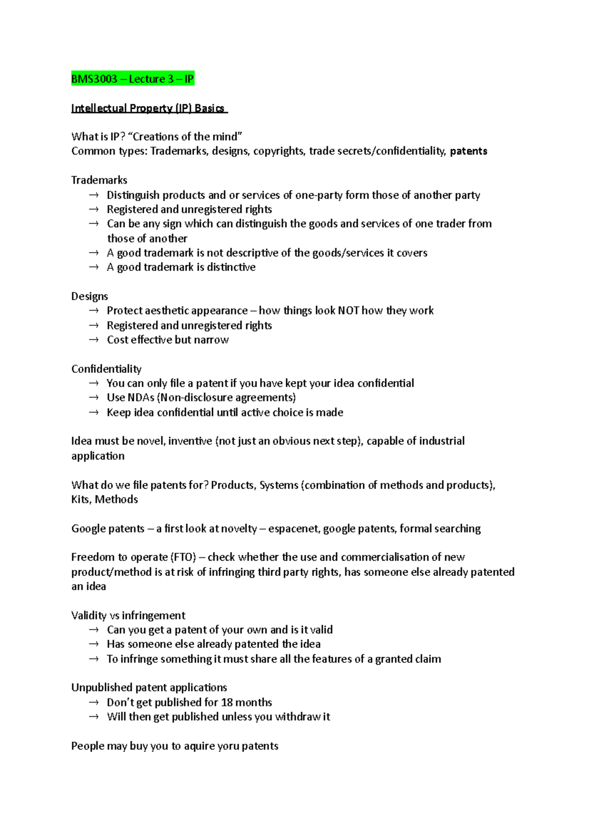 BMS3003 - Lecture 3 - IP - BMS3003 – Lecture 3 – IP Intellectual ...