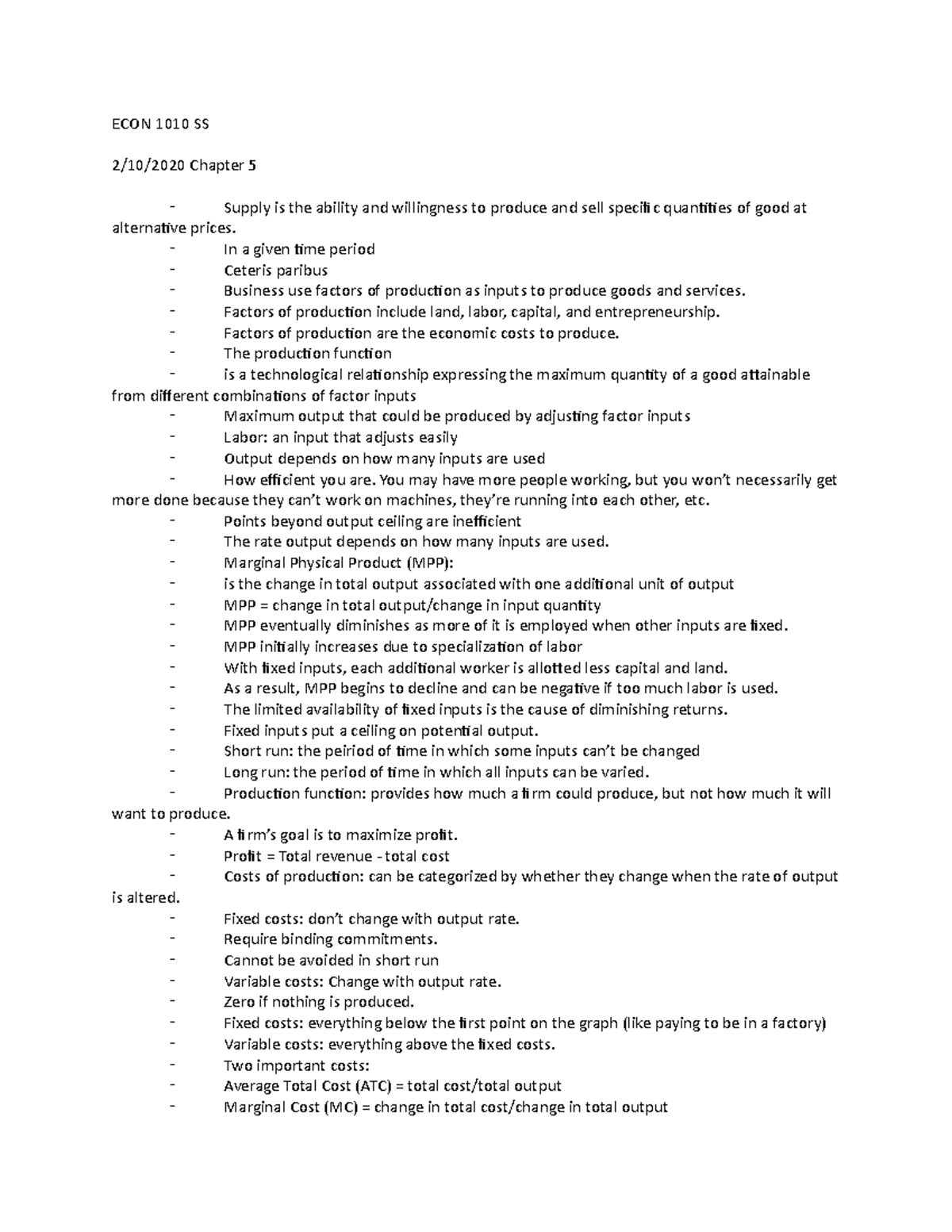 ECON 1010 SS Chapter 5 Notes - ECON 1010 SS 2/10/2020 Chapter 5 ...