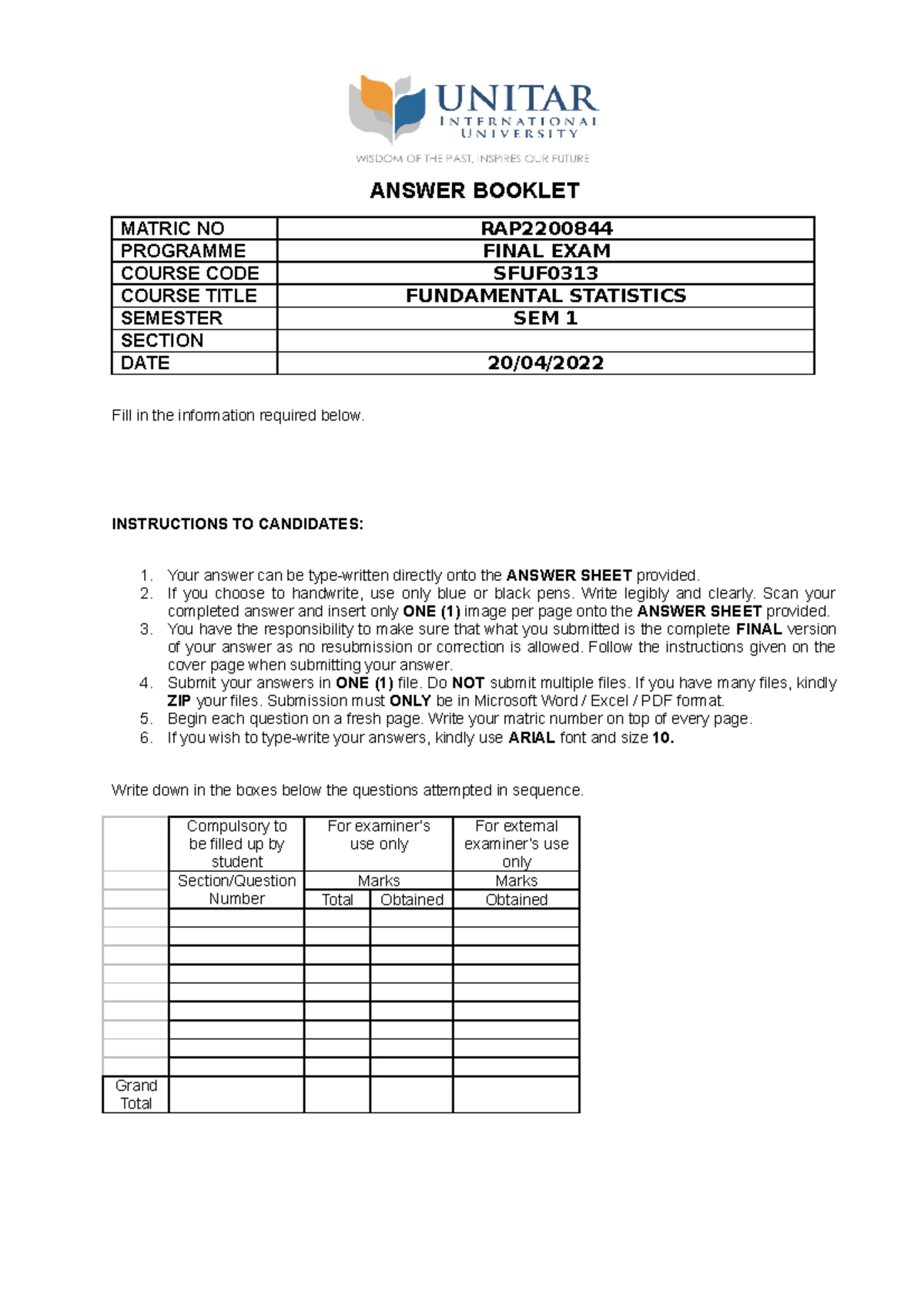 SFUF0313 Fundamentals of Statistics - ANSWER BOOKLET MATRIC NO RAP ...