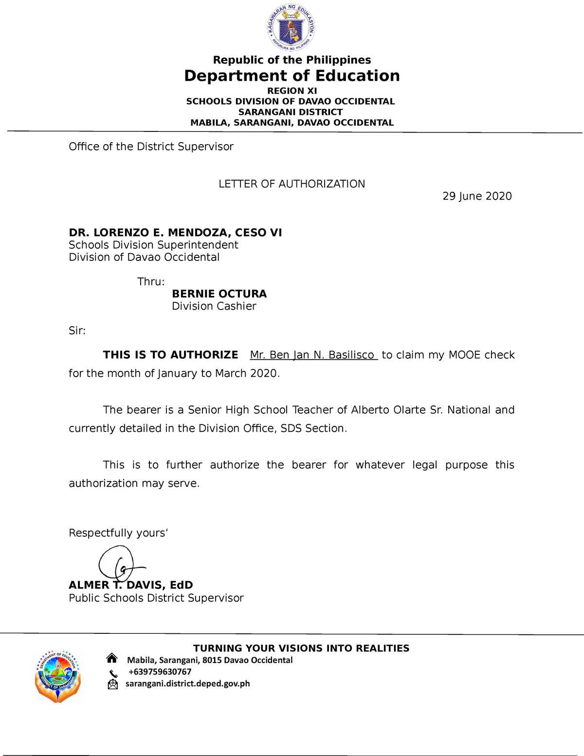 Authorization Letter Republic of the Philippines Department of