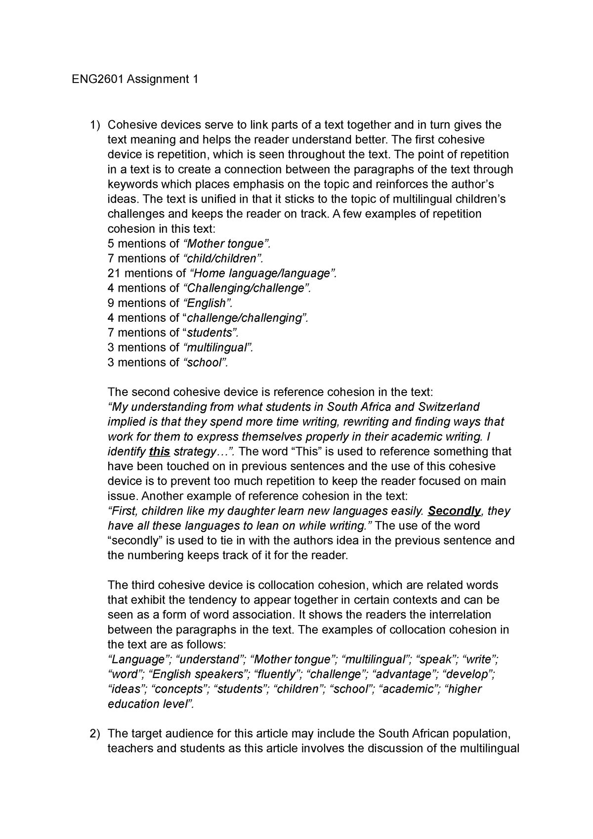 ENG2601 Assignment 1 Zahra - ENG2601 Assignment 1 1) Cohesive Devices ...