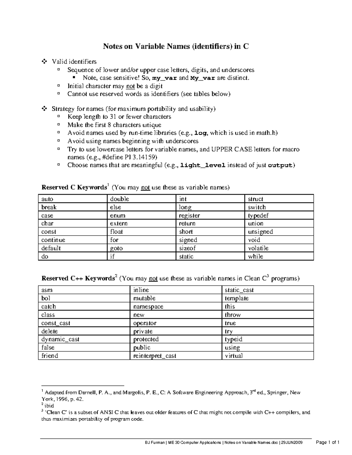ME 30 Note 2 - Lecture notes 2 - Notes on Variable Names (identifiers ...