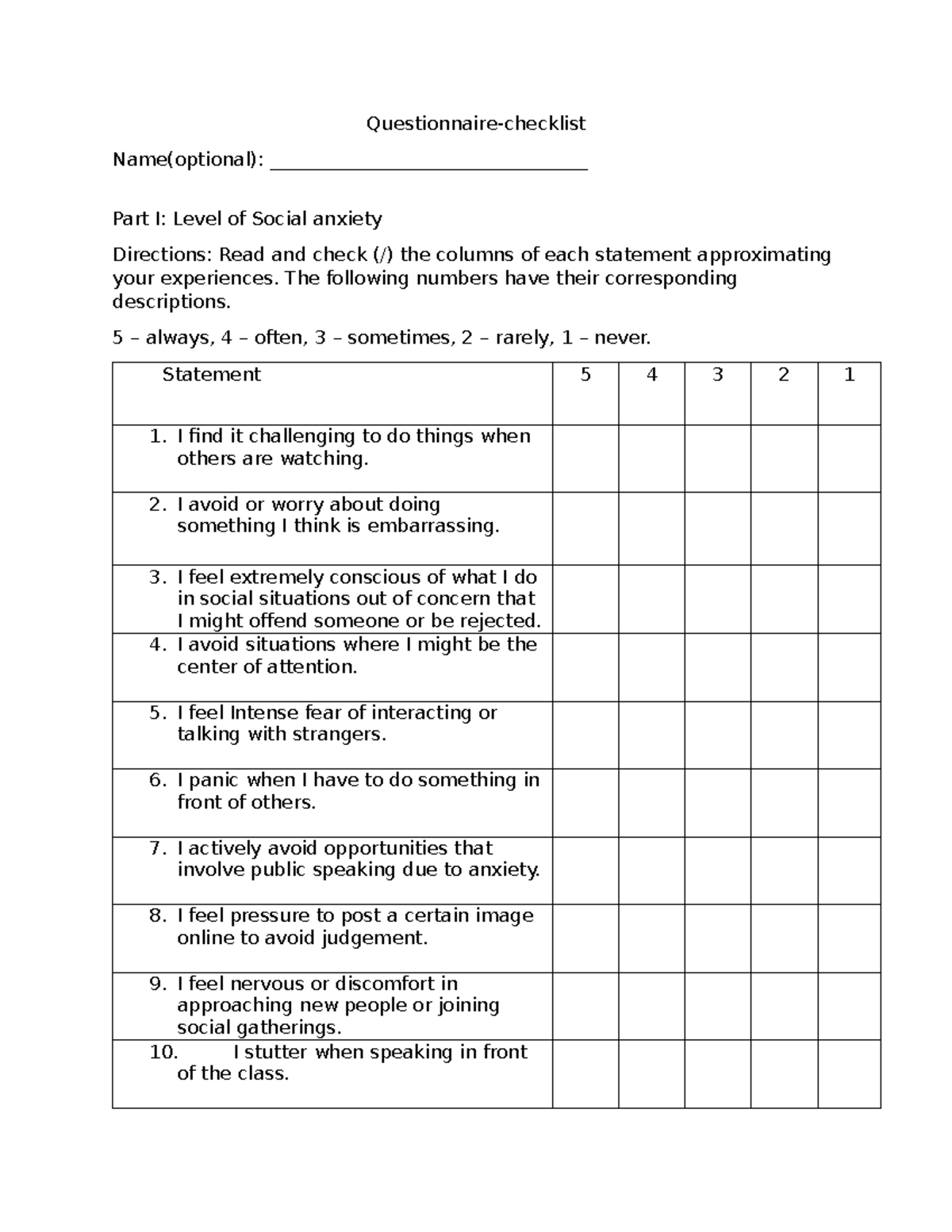 Checklist-questionnaire - Questionnaire-checklist Name(optional