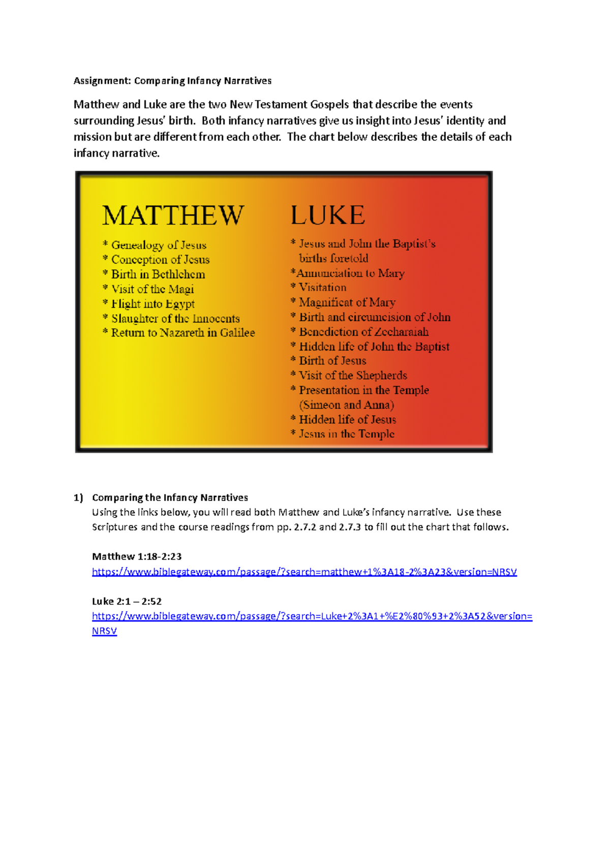 Assignment Comparing Infancy Narratives - Assignment: Comparing Infancy ...