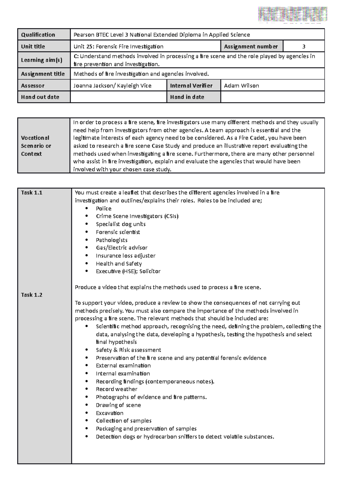 Unit 25 Forensic Fire Investigation Assignment Brief 3 - Assignment 