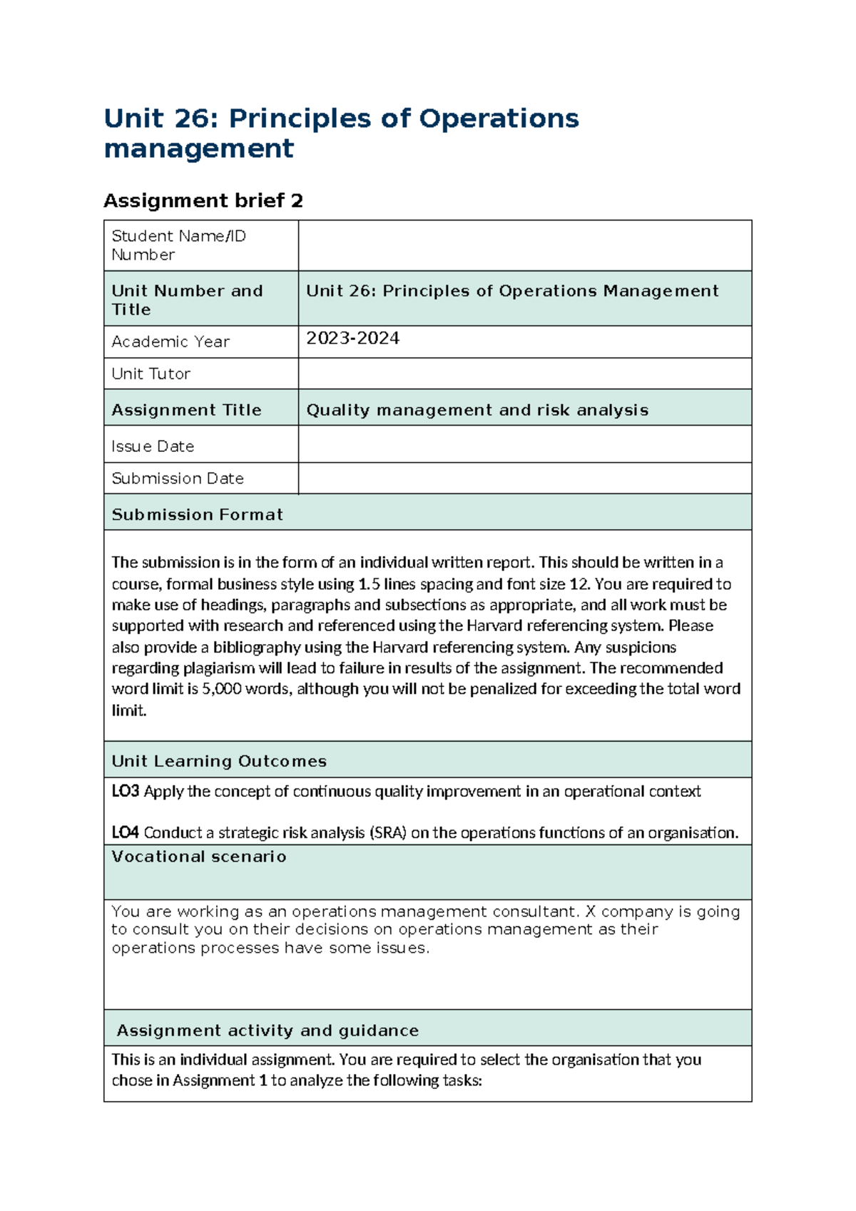 Assignment brief 2 - Unit 26 : Principles of Operations management ...