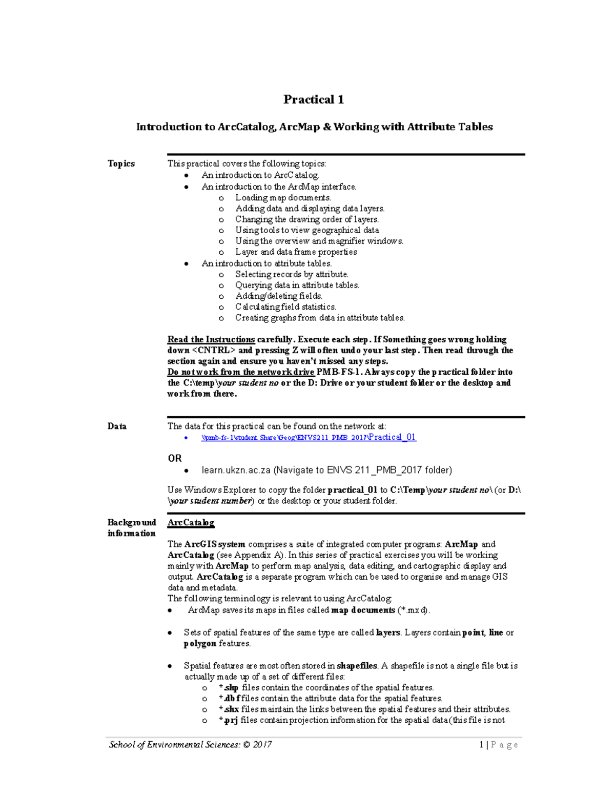 ENVS211 Practical 1 2017 - Practical 1 Introduction to ArcCatalog ...