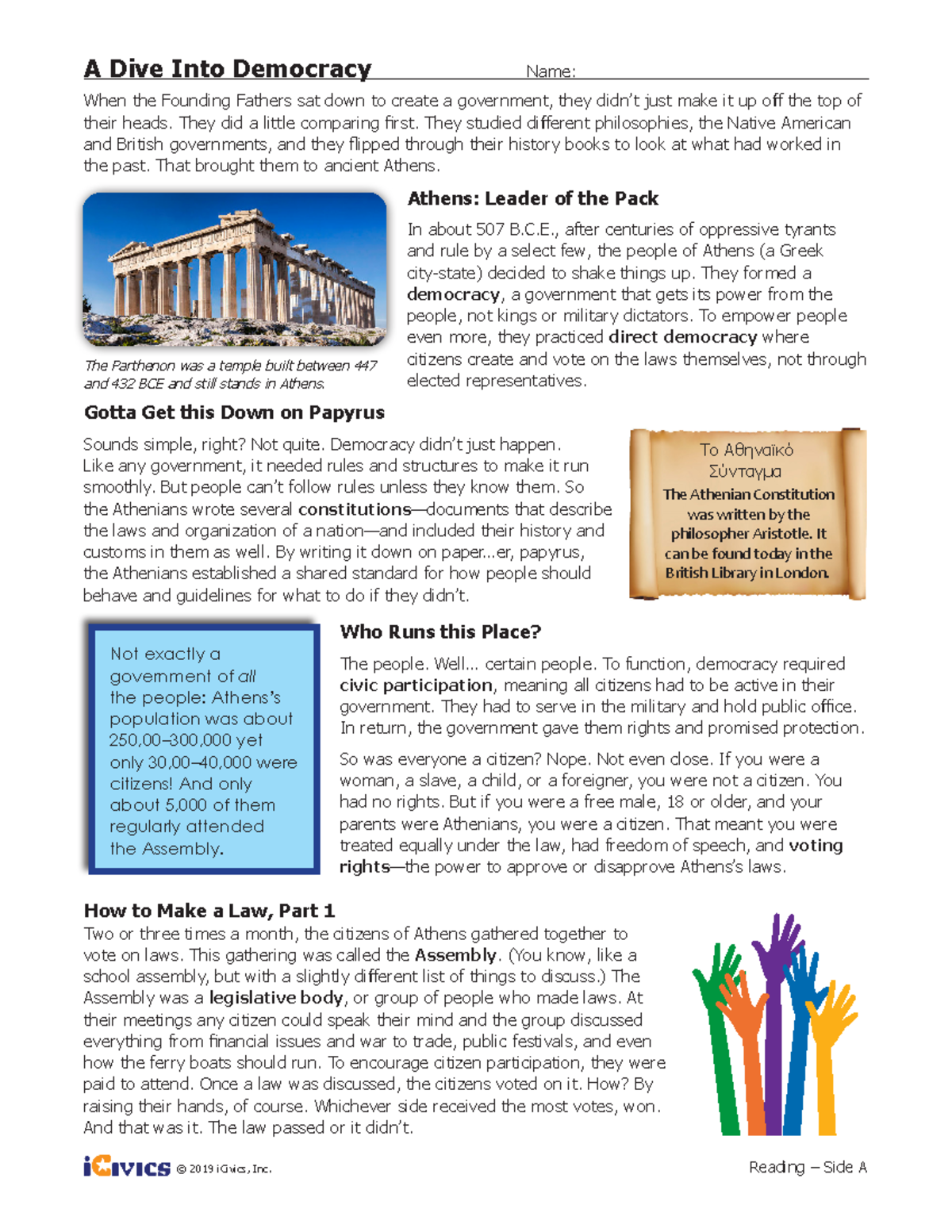 Dive Into Democracy so © 2019 iCivics, Inc. When the Founding