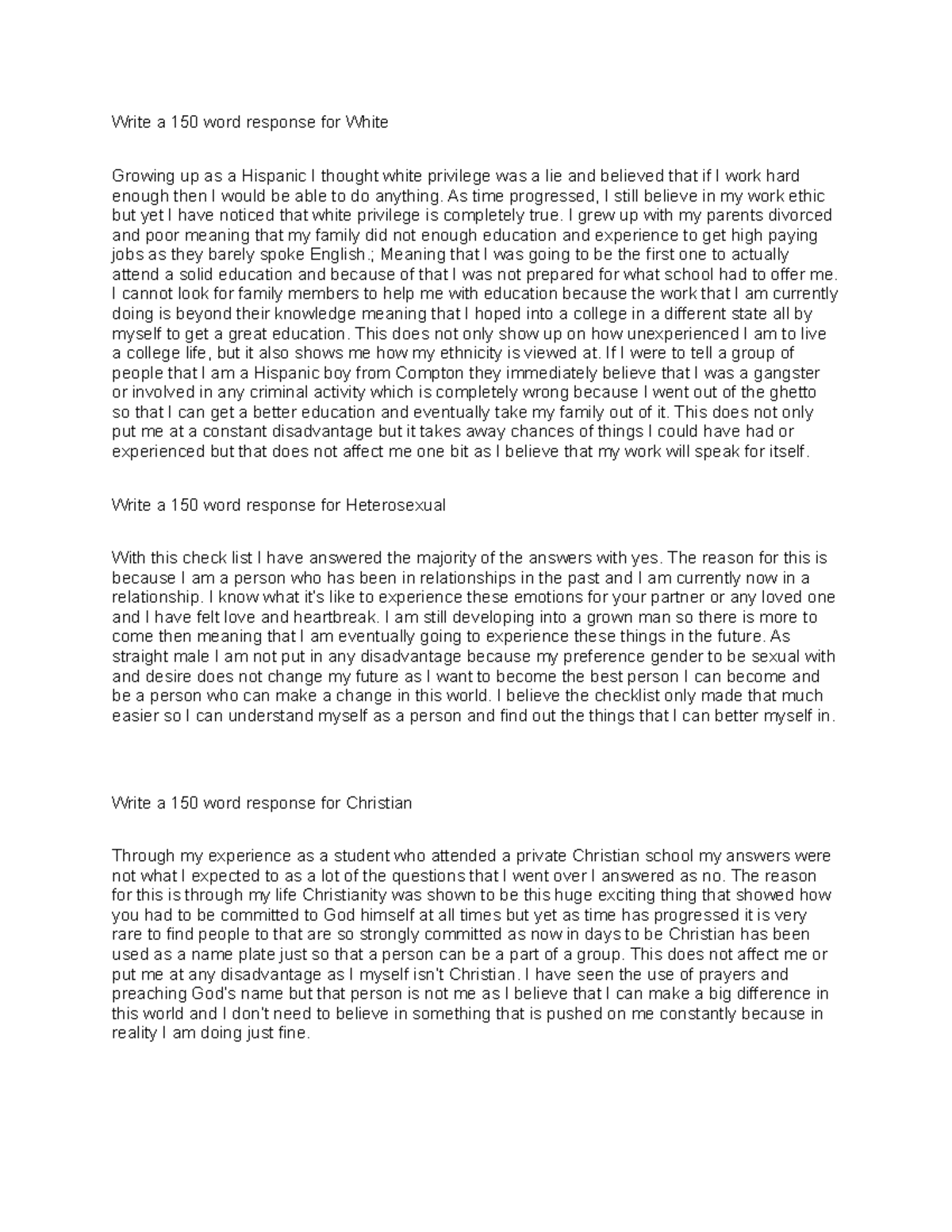 Document 3 - Write a 150 word response for White Growing up as a ...