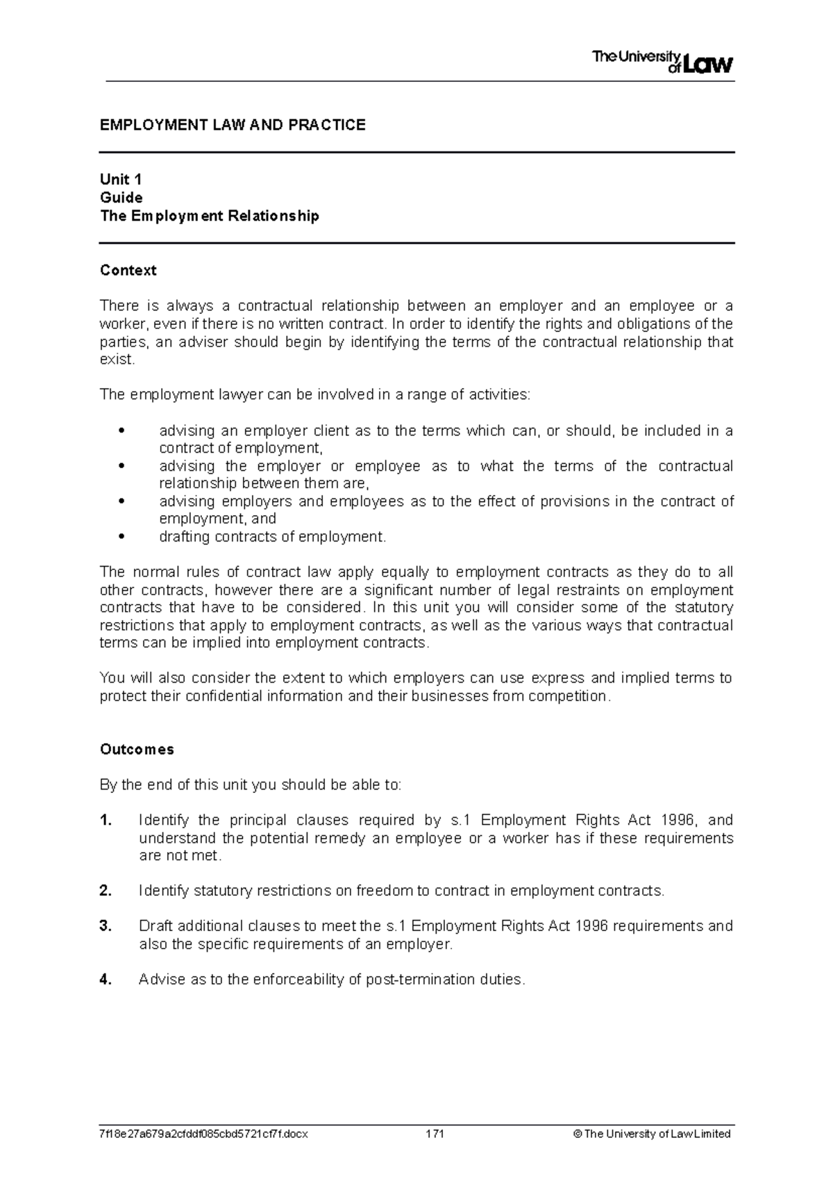 Employment Law Workshop 1 - EMPLOYMENT LAW AND PRACTICE Unit 1 Guide ...