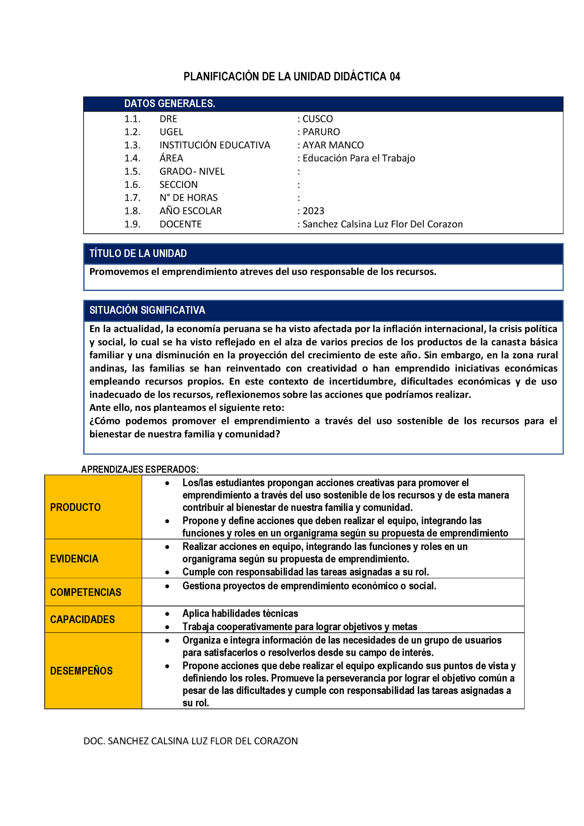 Ept Situacion Significativa Planificacin De La Unidad Didctica