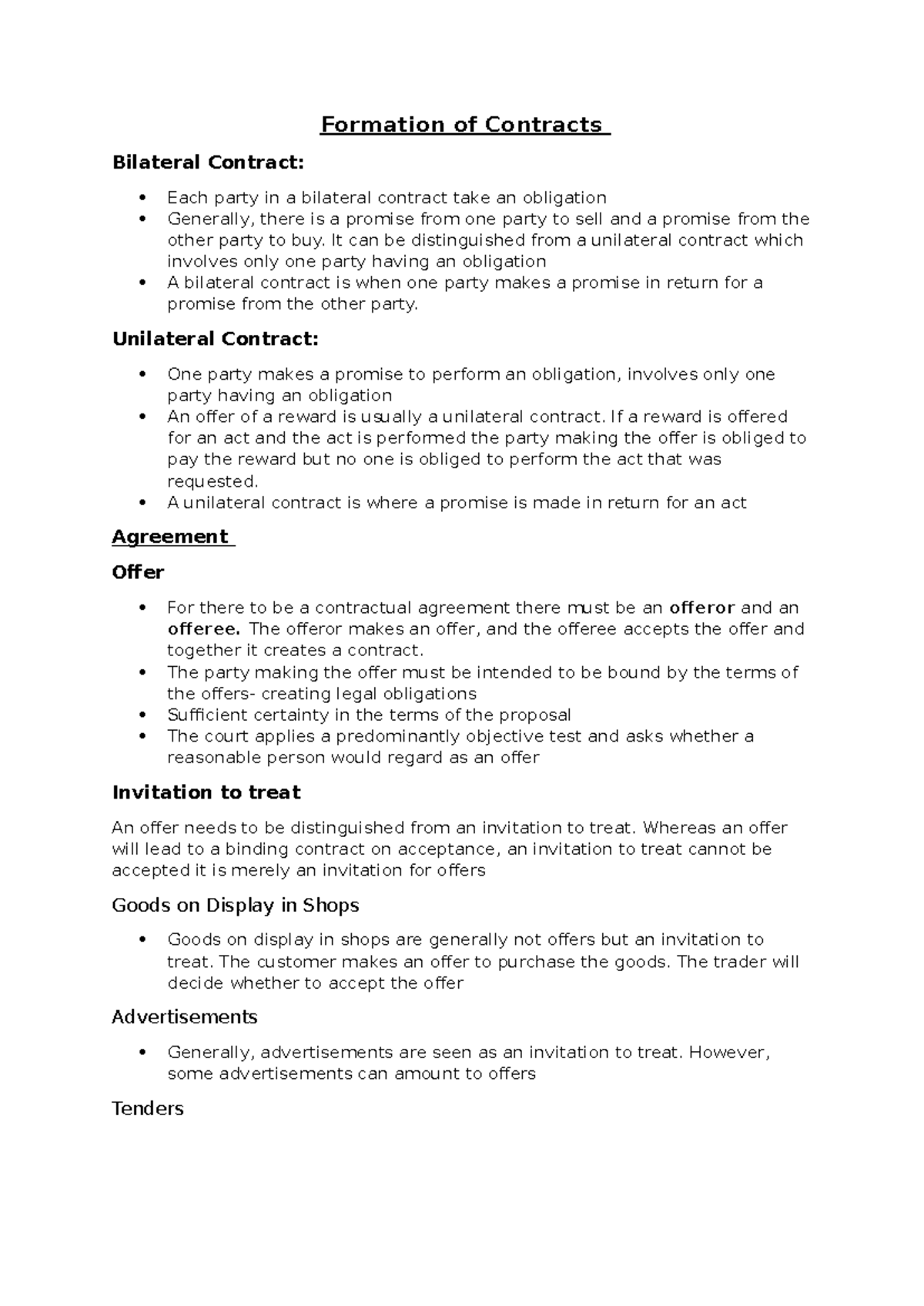 Summary notes - Formation of Contracts Bilateral Contract: Each party ...