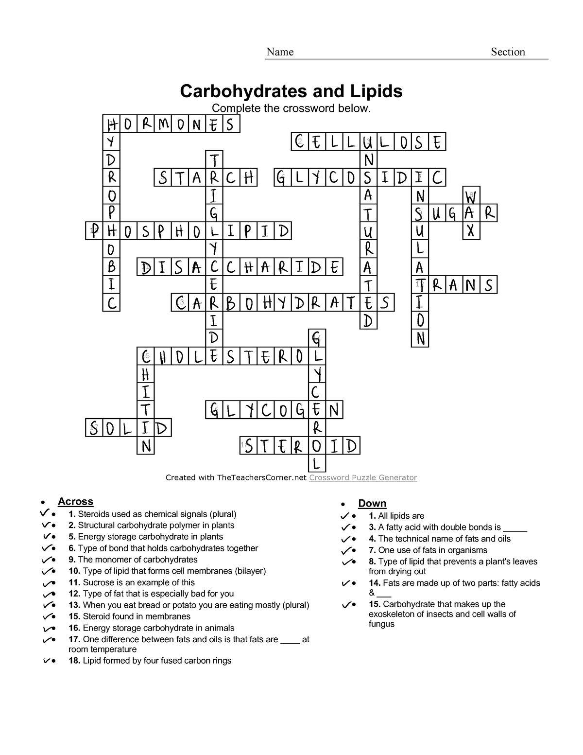 Crossword single Name Section Carbohydrates and Lipids Complete the