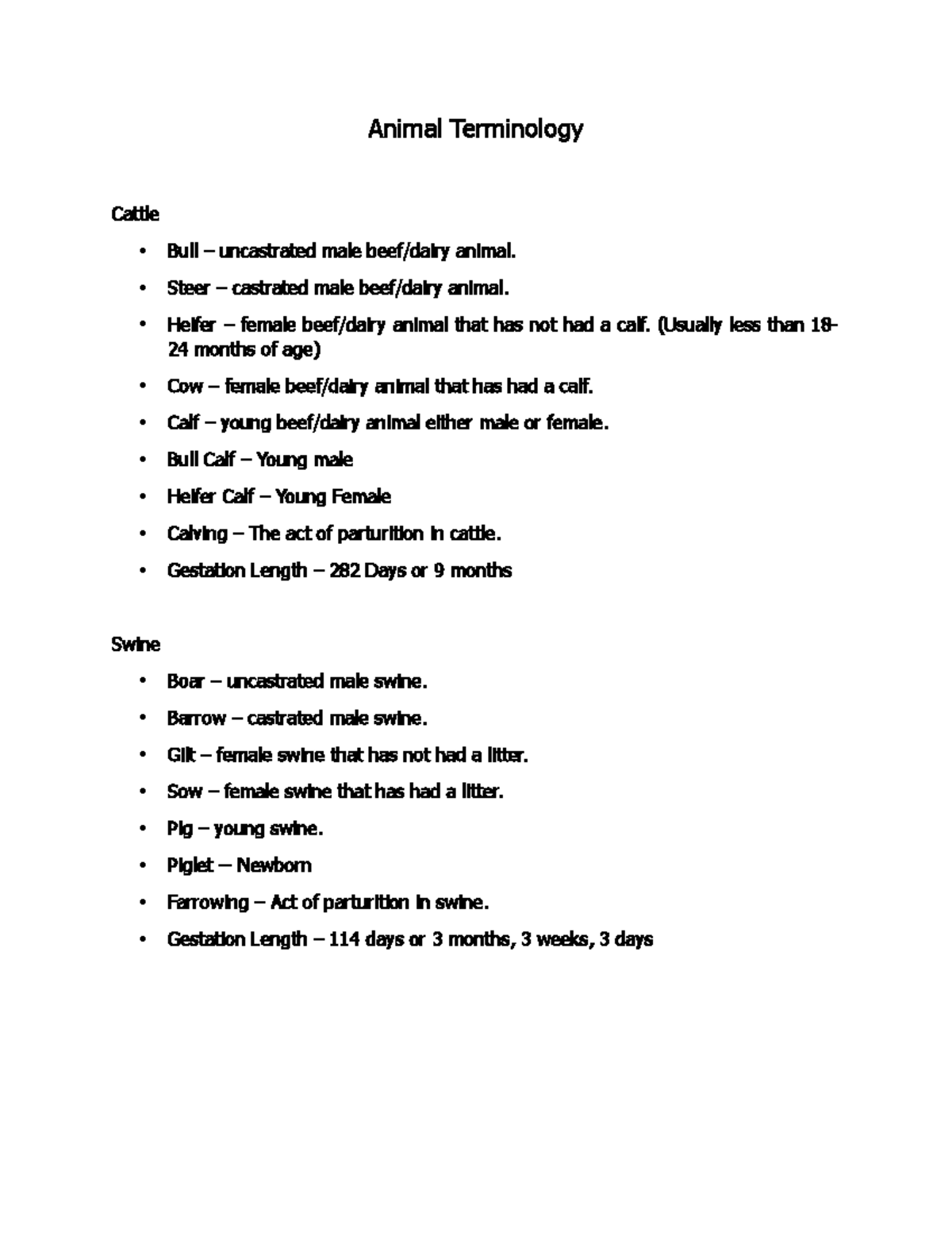 Animal Terminology Animal Terminology Cattle Bull uncastrated