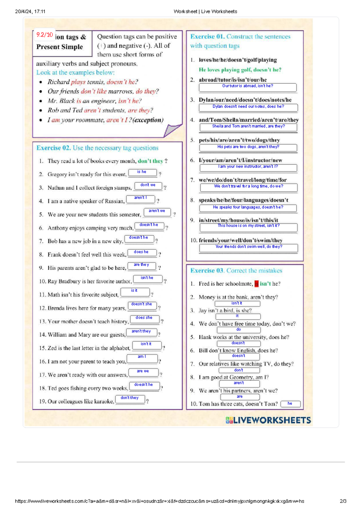 (TAG Questions - Simple Present) - LIVEWORKSHEETS Interactive ...