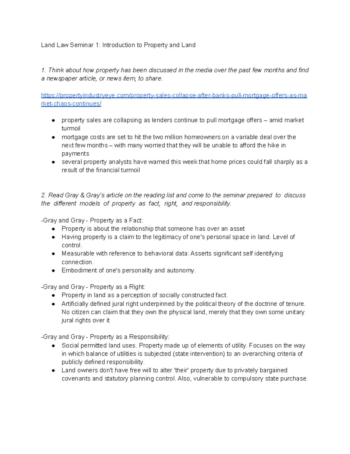 seminar 1 French paper - Land Law Seminar 1: Introduction to Property ...