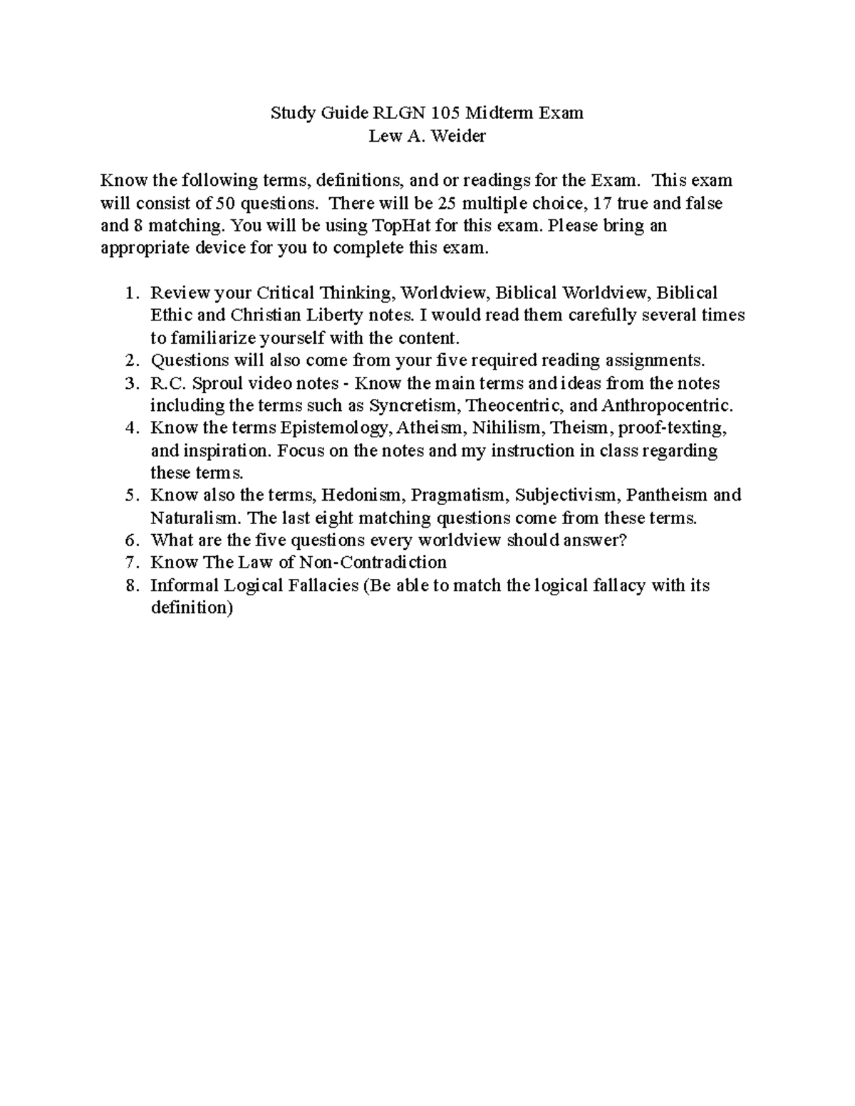 Midterm Exam Study Guide - Study Guide RLGN 105 Midterm Exam Lew A ...