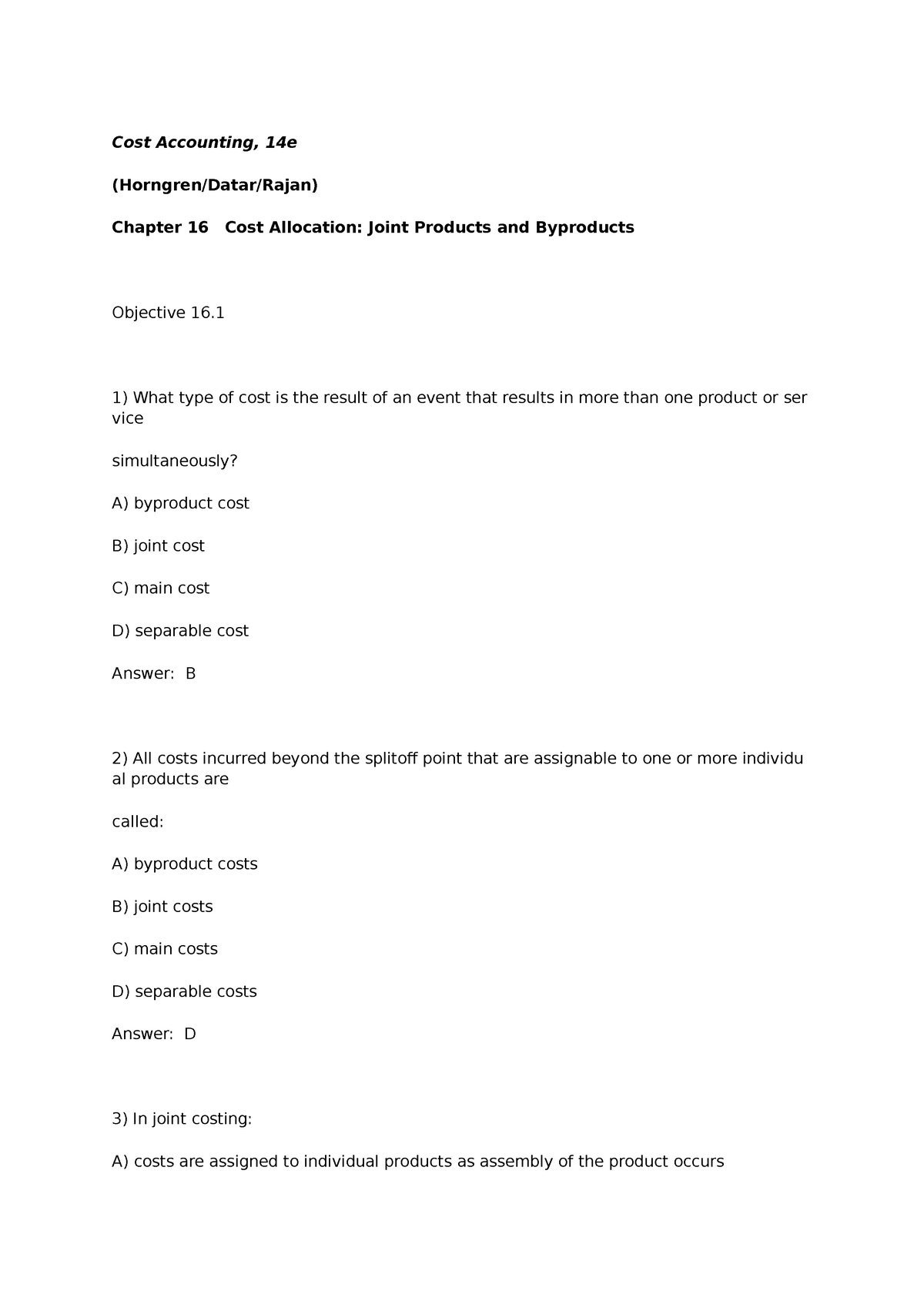 CH 16 TEST BANK - TEST BANK - Cost Accounting, 14e (Horngren/Datar ...