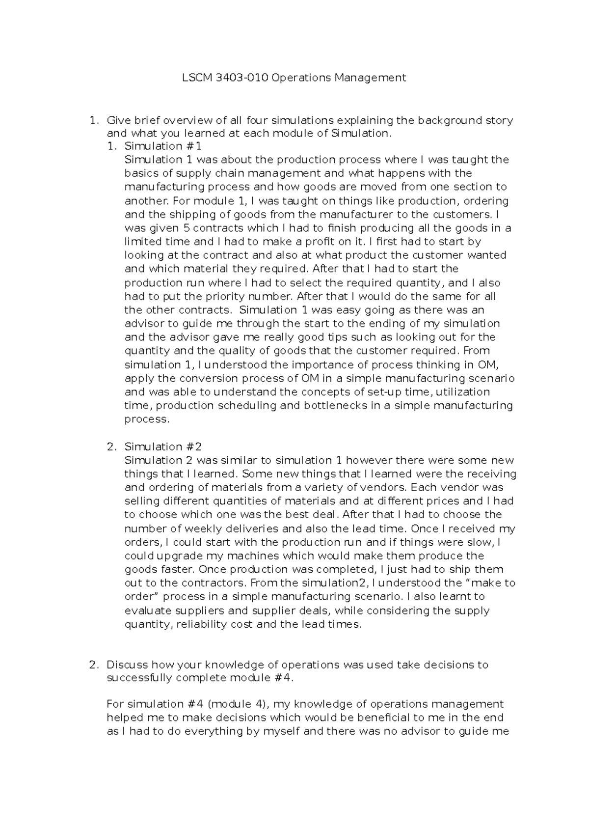 Simulation Paper - Summary Operations Management (formerly LSCM 4403 ...